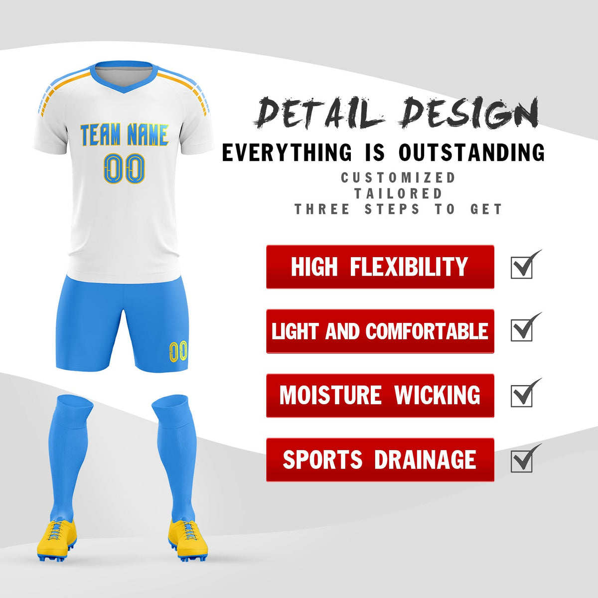 Custom White Raglan Shoulder Striped Football Kit Jersey