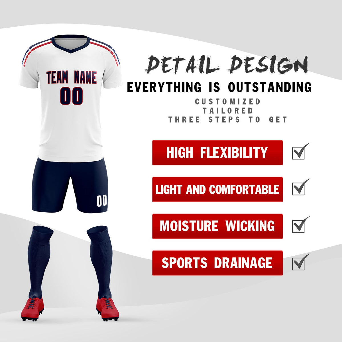 Custom white Striped Quick Dry Tops Football Kits Jersey