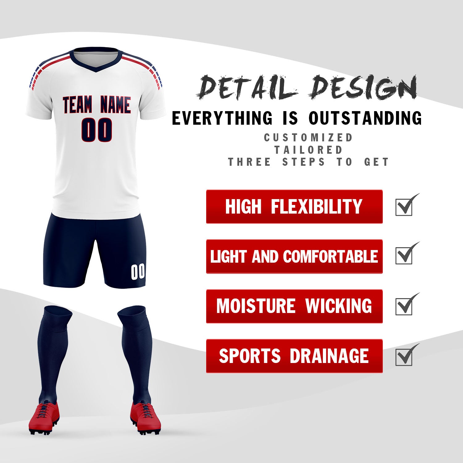Benutzerdefinierte weiß gestreifte Quick Dry Tops Fußball Kits Jersey