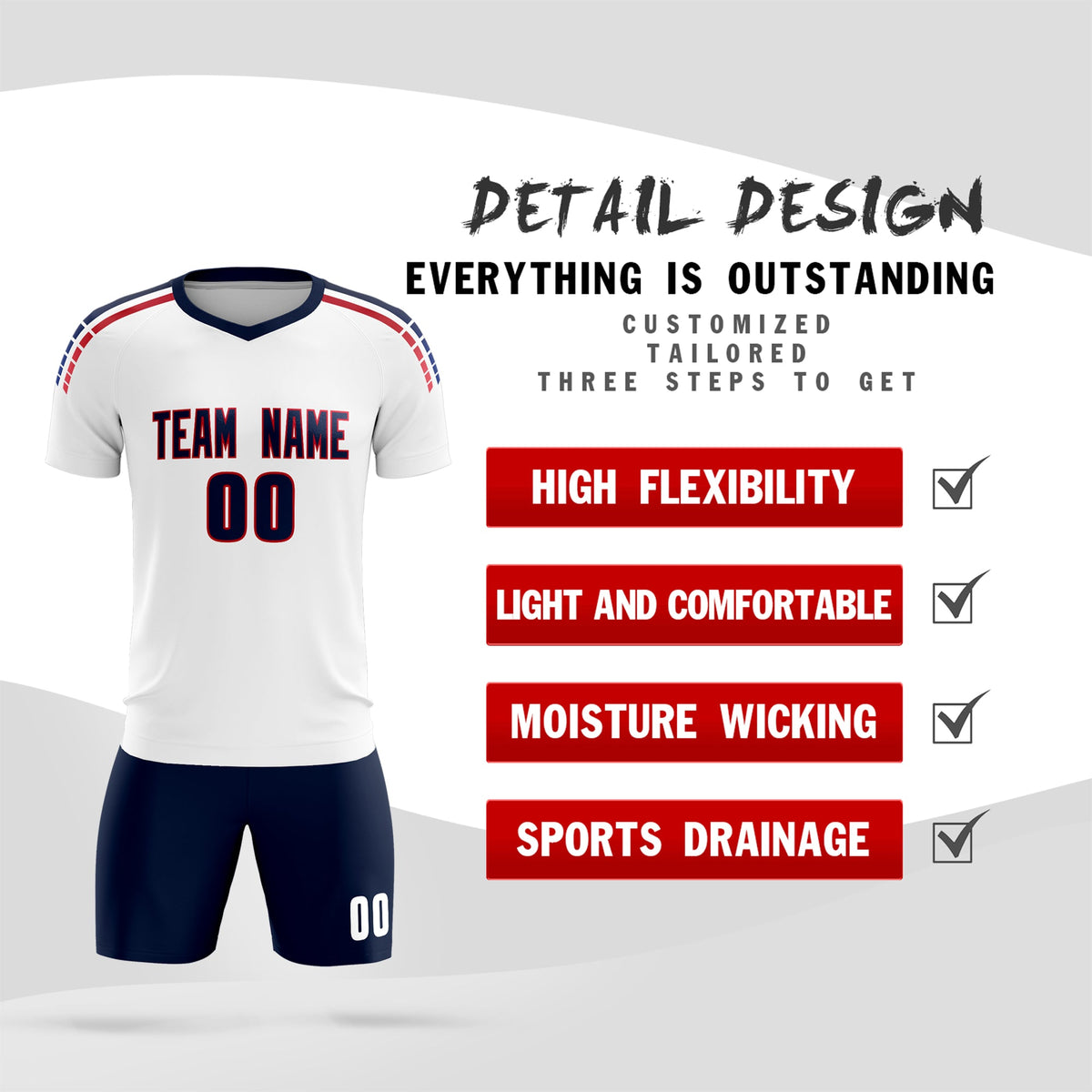 Custom white Striped Quick Dry Tops Football Kits Jersey