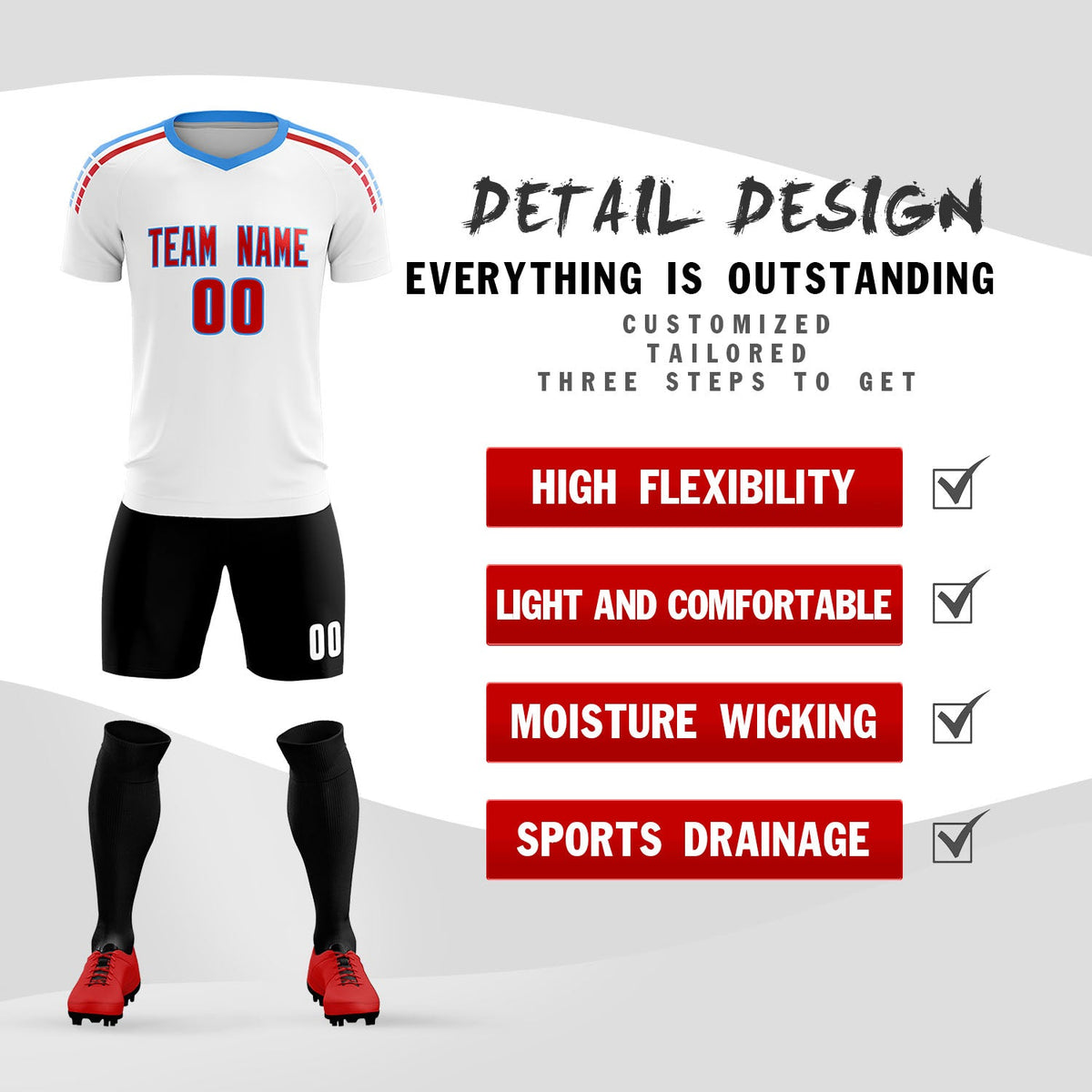 Custom White Raglan Shoulder Striped Football Kit Jersey