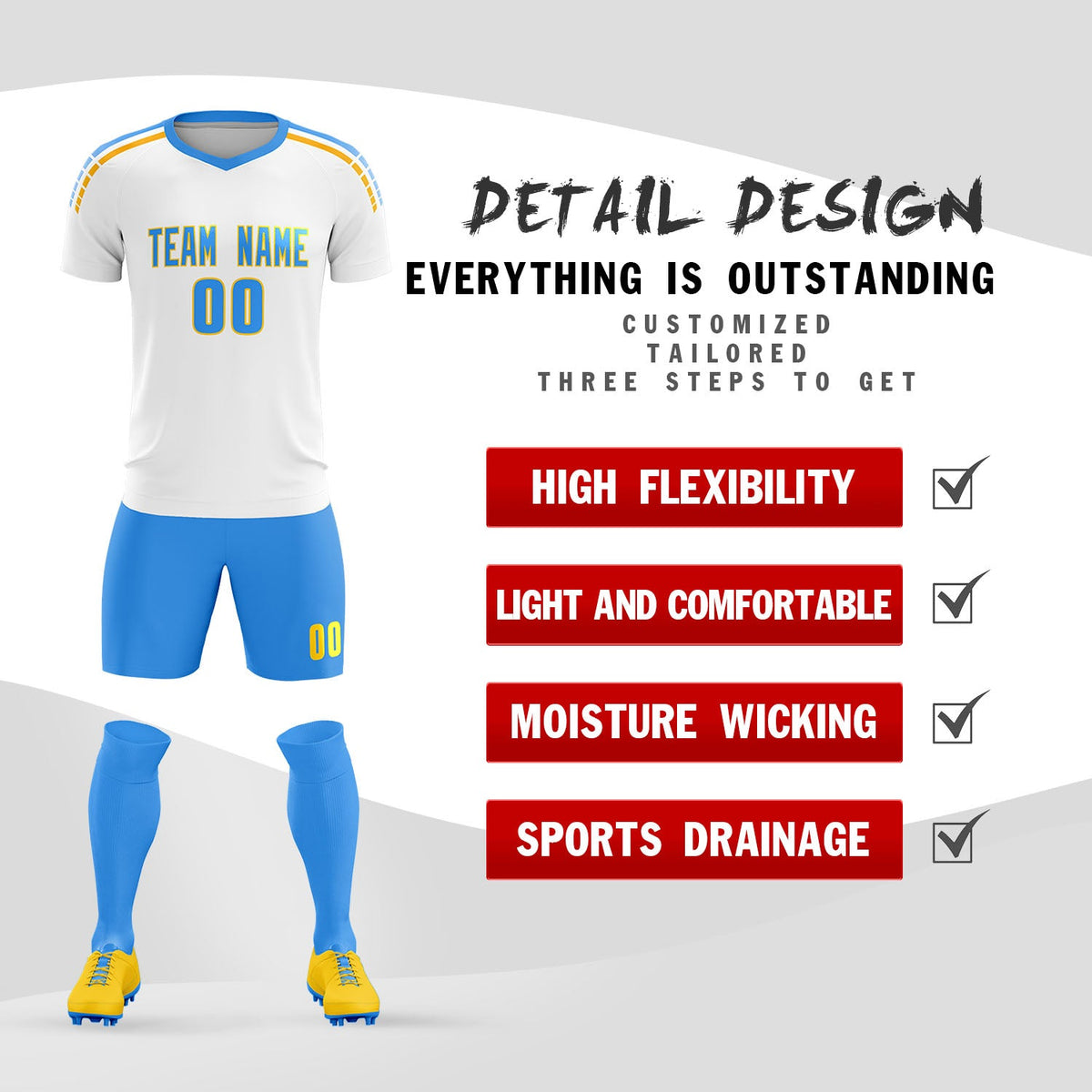 Custom White Raglan Shoulder Striped Football Kit Jersey