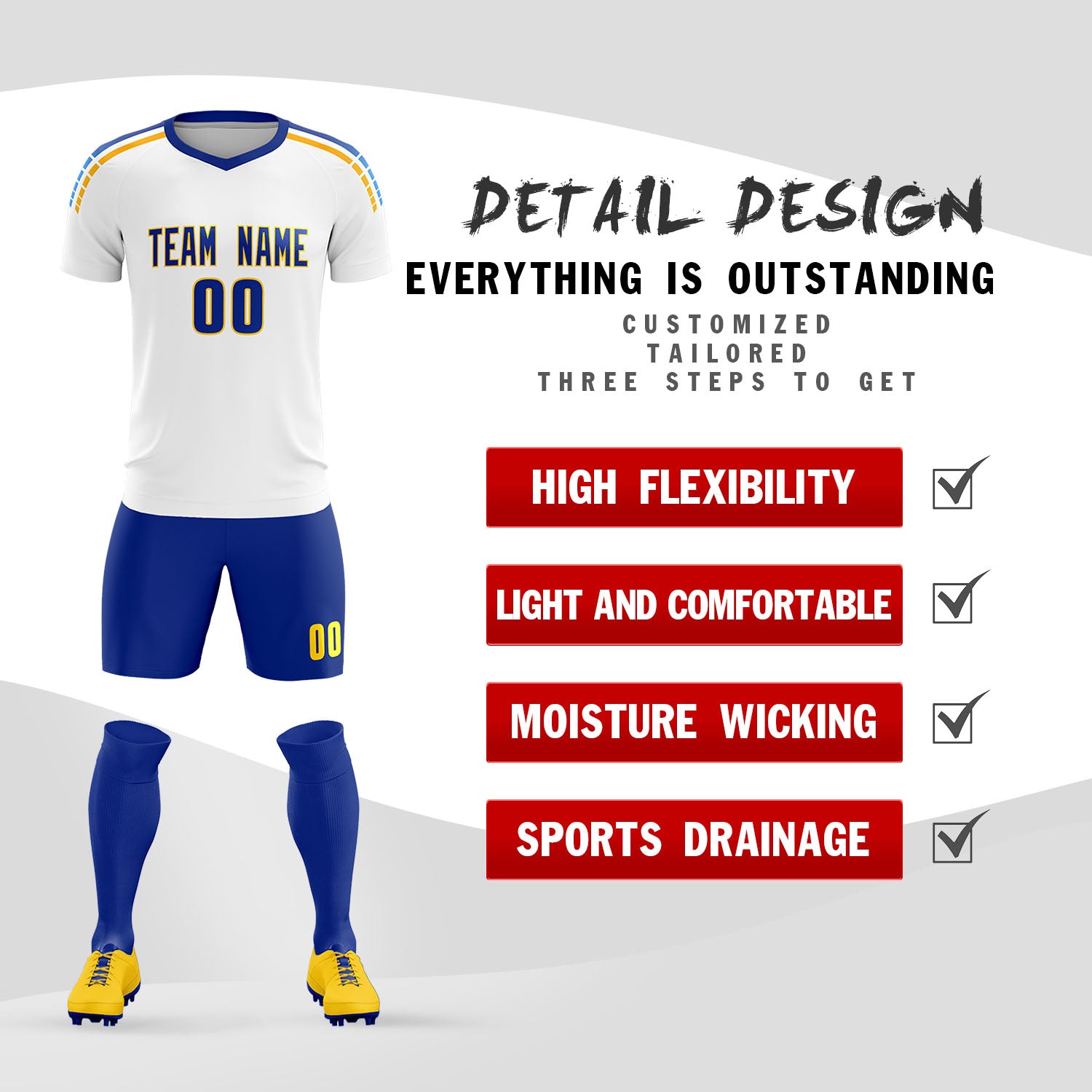 Custom White Raglan Shoulder Striped Football Kit Jersey