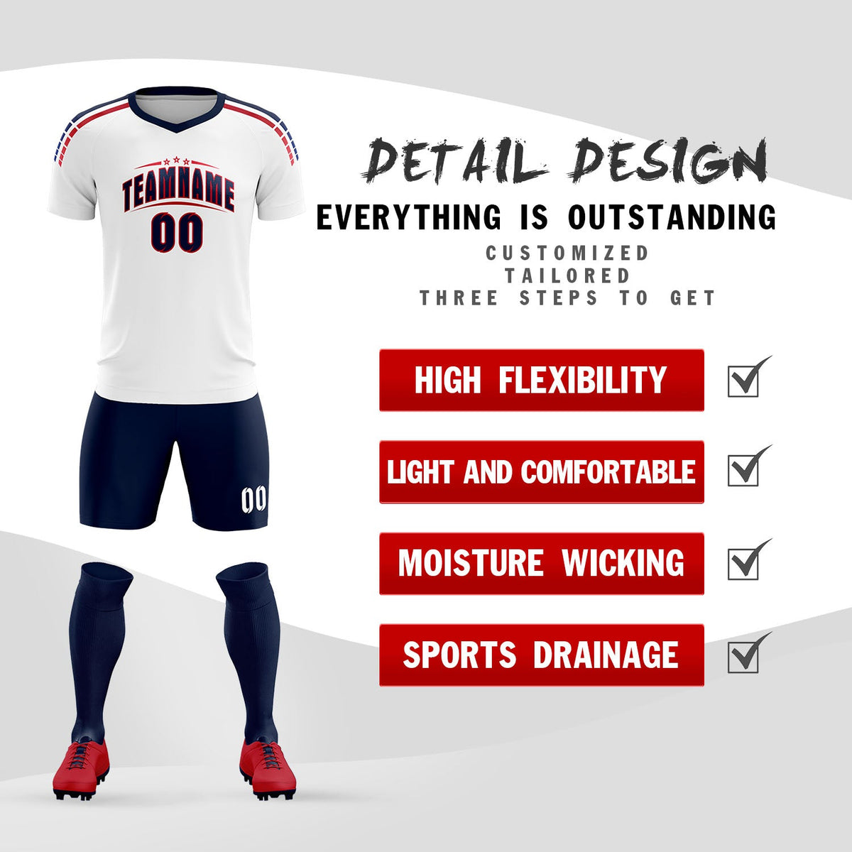 Custom white Striped Quick Dry Tops Football Kits Jersey