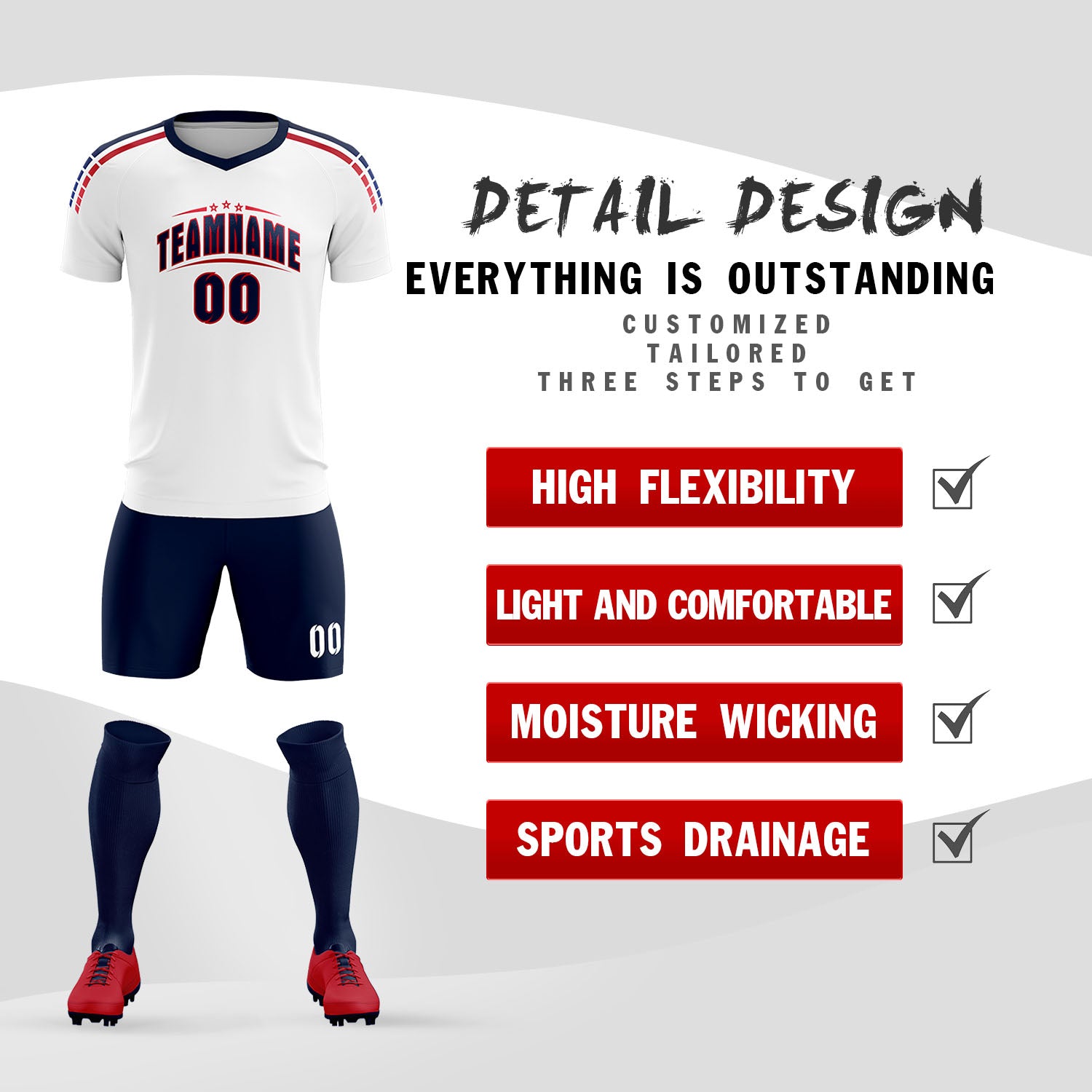 Benutzerdefinierte weiß gestreifte Quick Dry Tops Fußball Kits Jersey