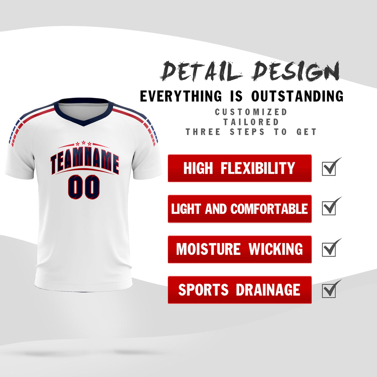 Custom white Striped Quick Dry Tops Football Kits Jersey