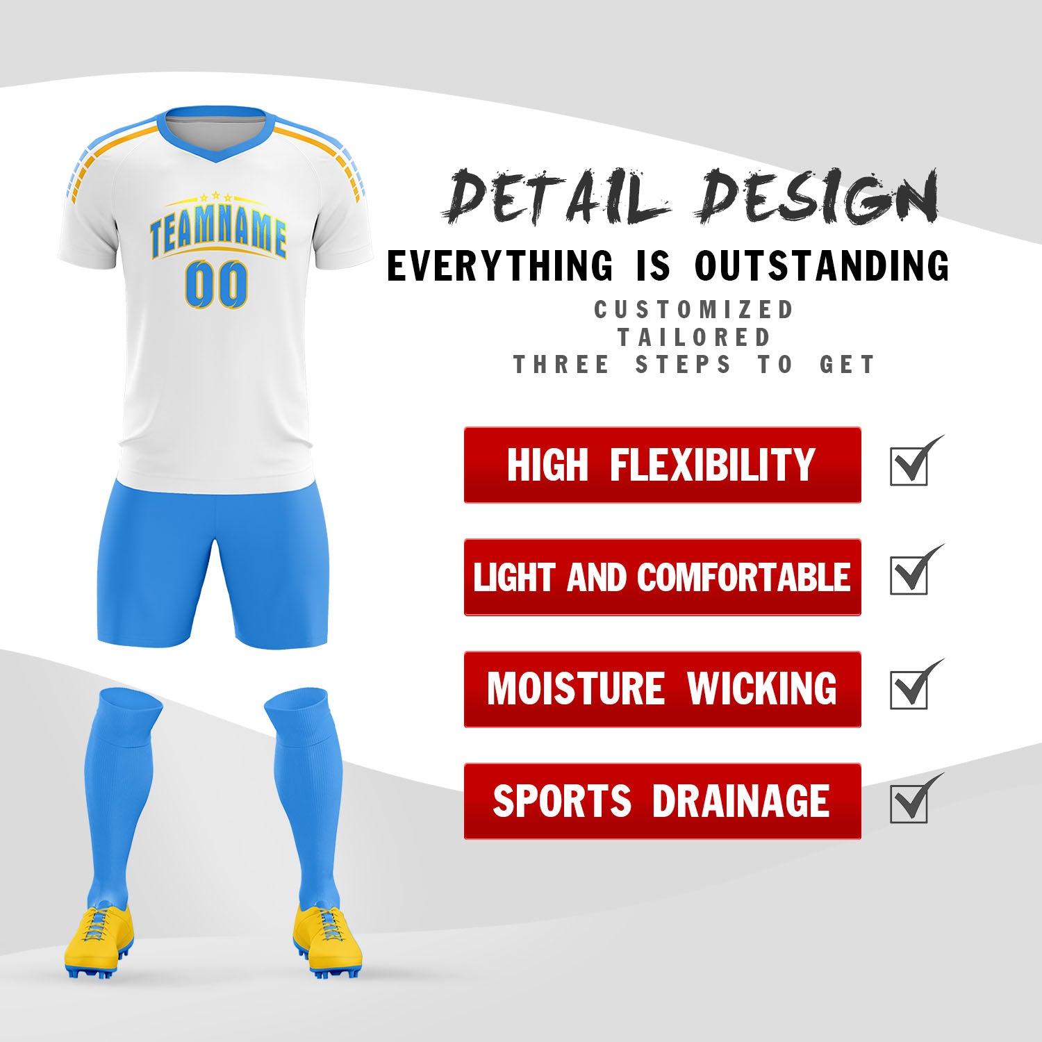 Custom White Raglan Shoulder Striped Football Kit Jersey