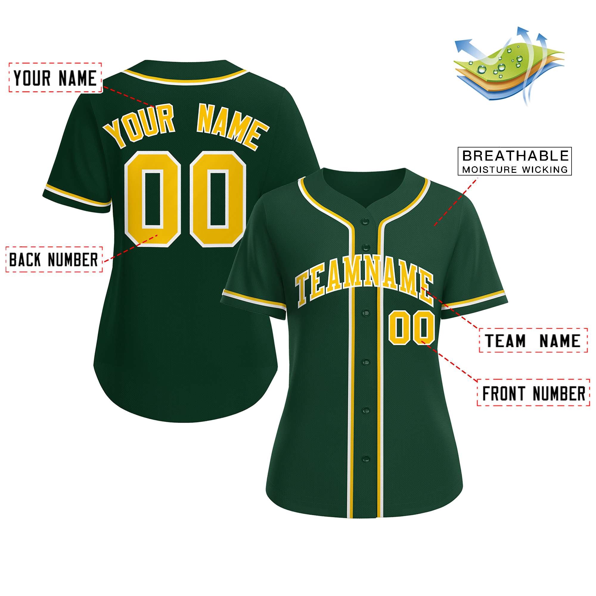 Custom Green Gold-White Classic Style Baseball Jersey For Women