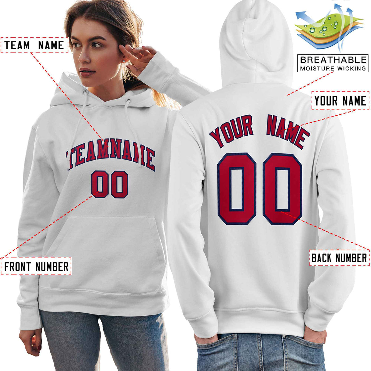 Custom White Red-Navy Classic Style Personalized Sport Pullover Hoodie| KXKSHOP