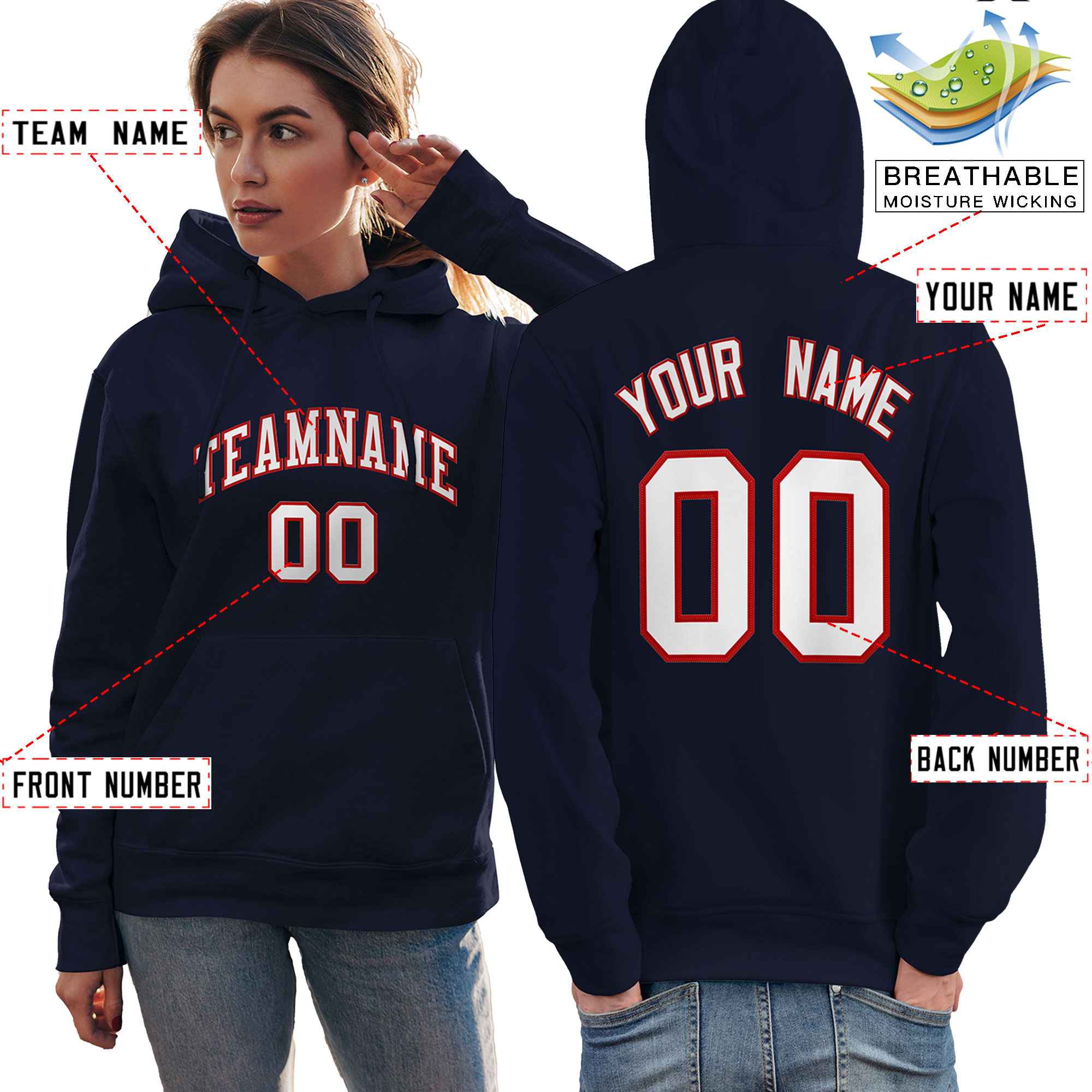 Custom Navy Red-White Classic Style Personalized Sport Pullover Hoodie| KXKSHOP