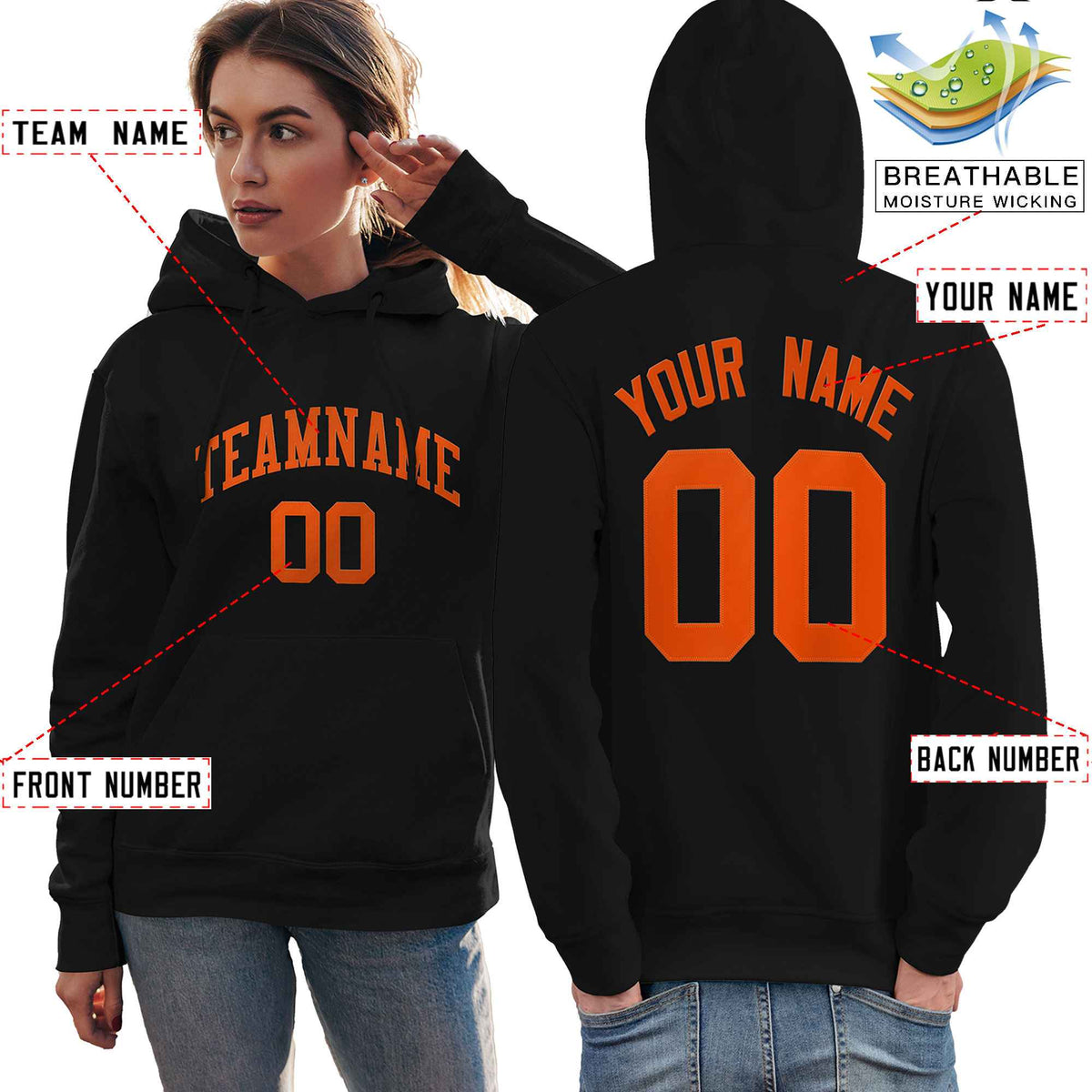 Custom Black Orange Classic Style Personalized Sport Pullover Hoodie| KXKSHOP