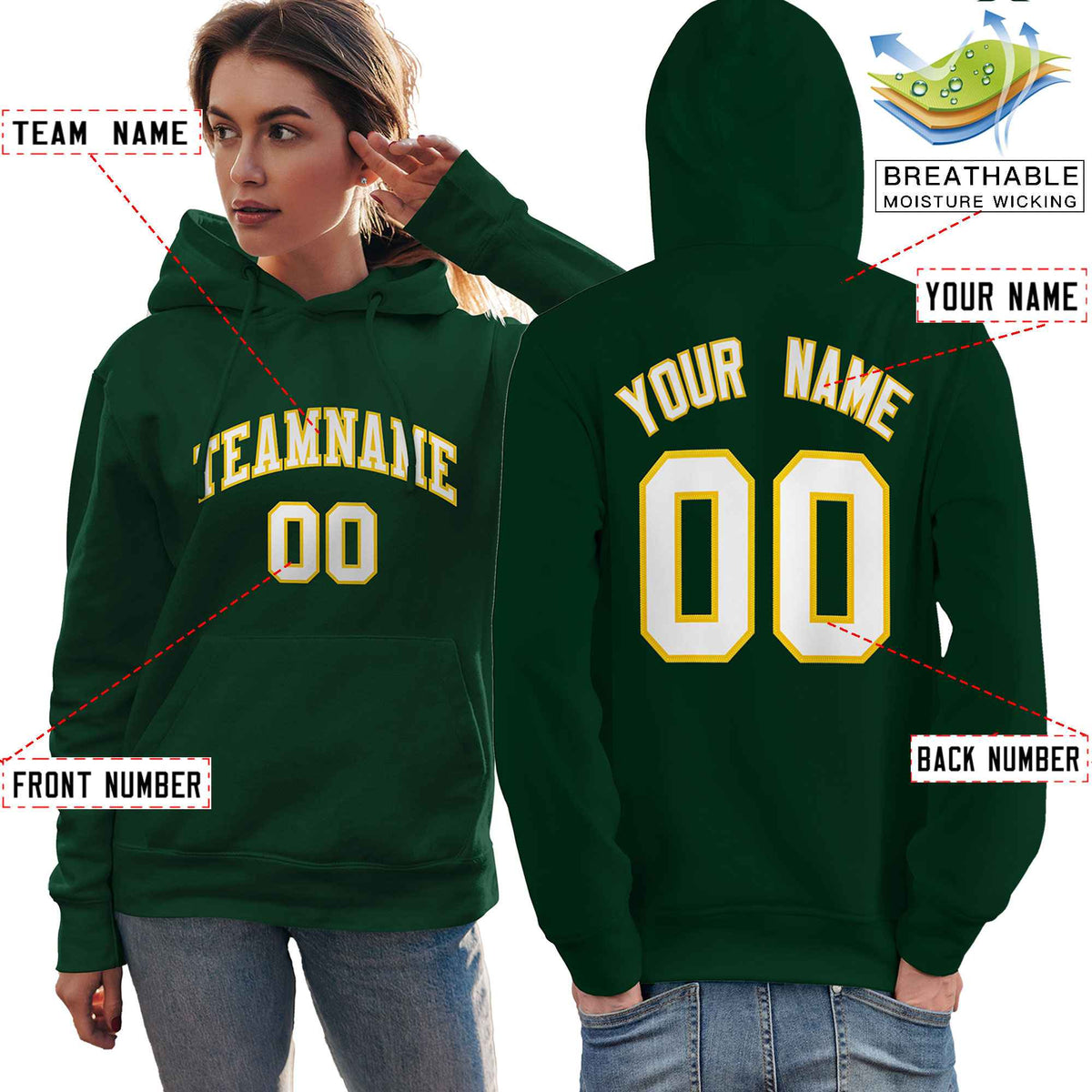 Custom Green White-Gold Classic Style Personalized Sport Pullover Hoodie| KXKSHOP