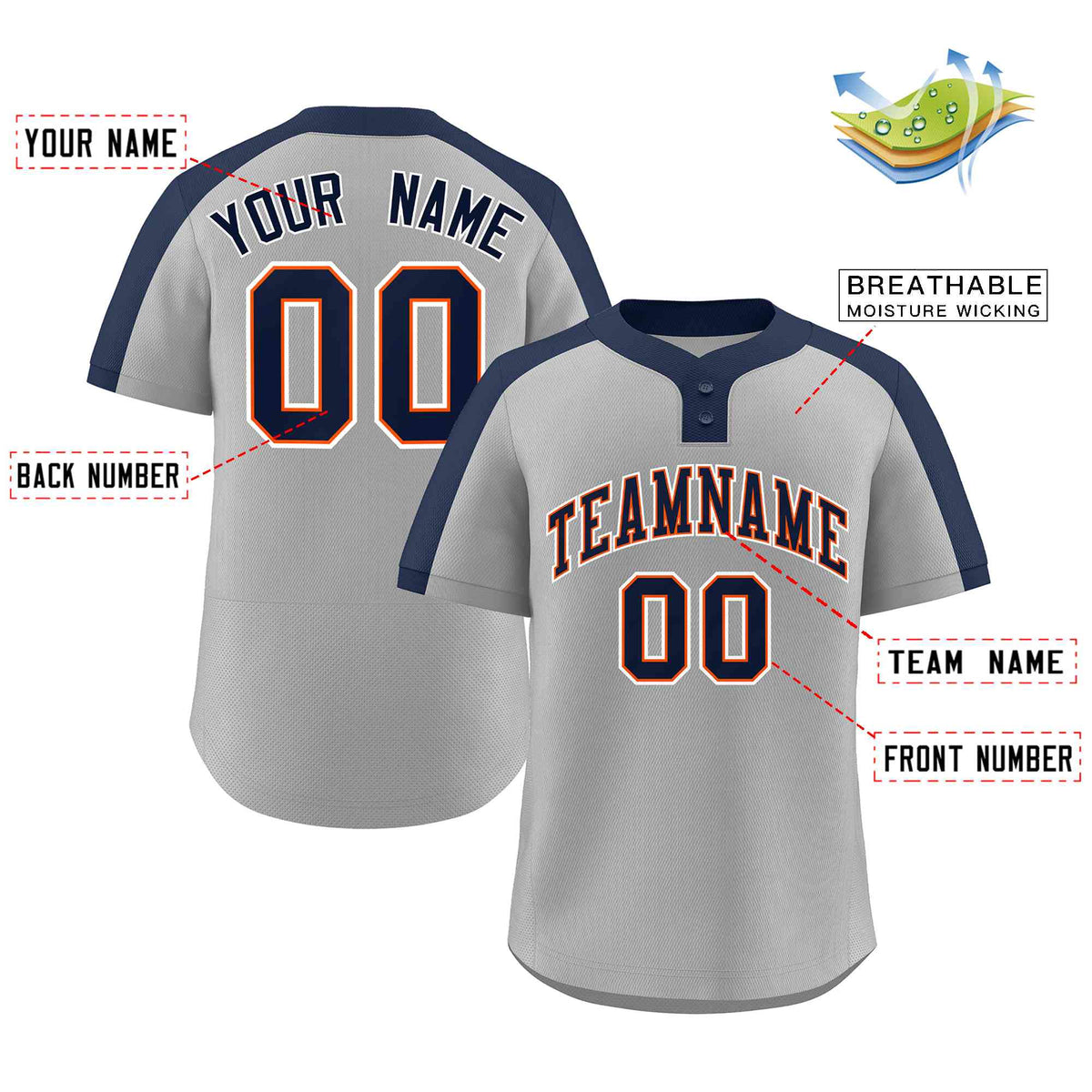 Custom Gray Navy-Orange Classic Style Authentic Two-Button Softball Jersey