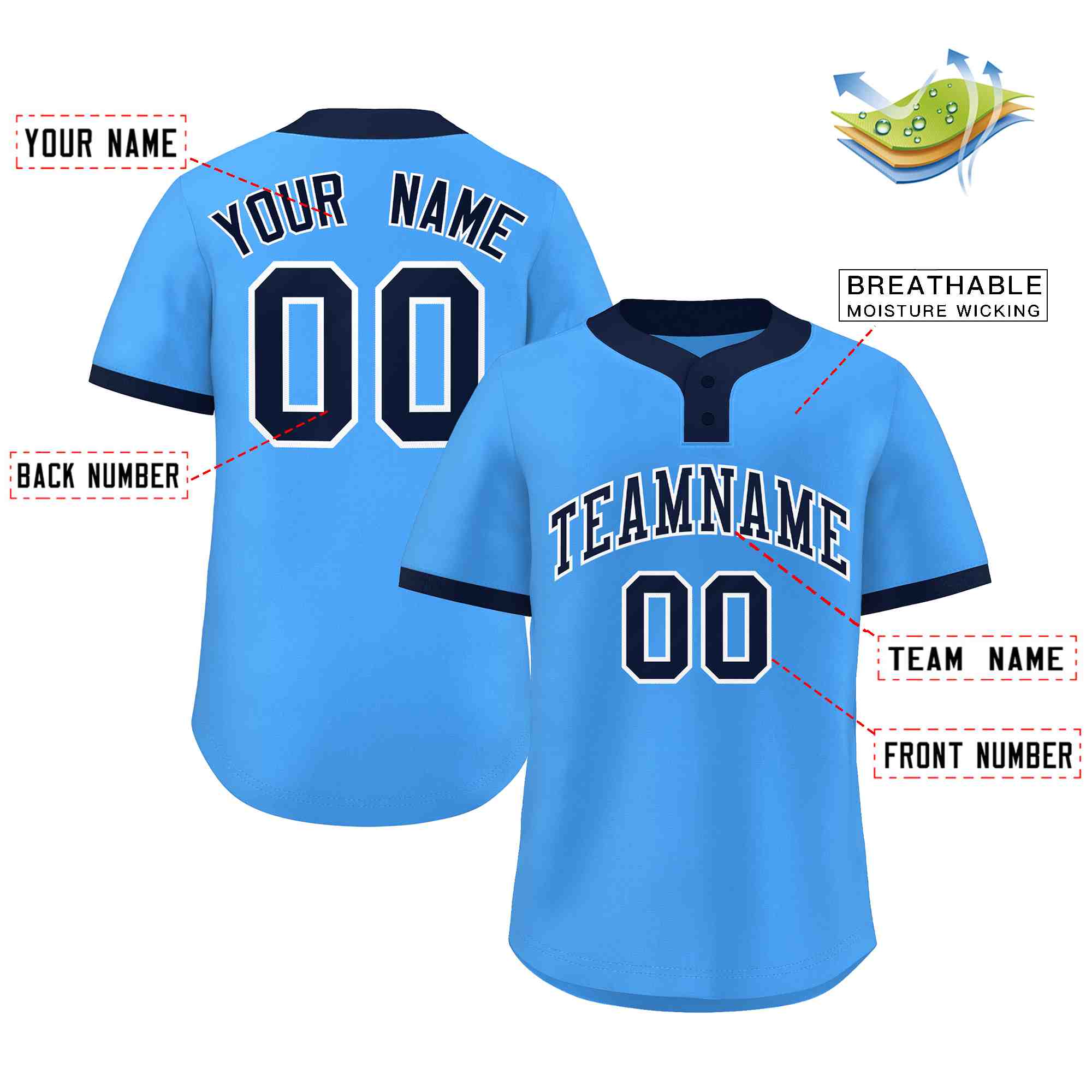 Custom Powder Blue Navy-White Classic Style Authentic Two-Button Softball Jersey