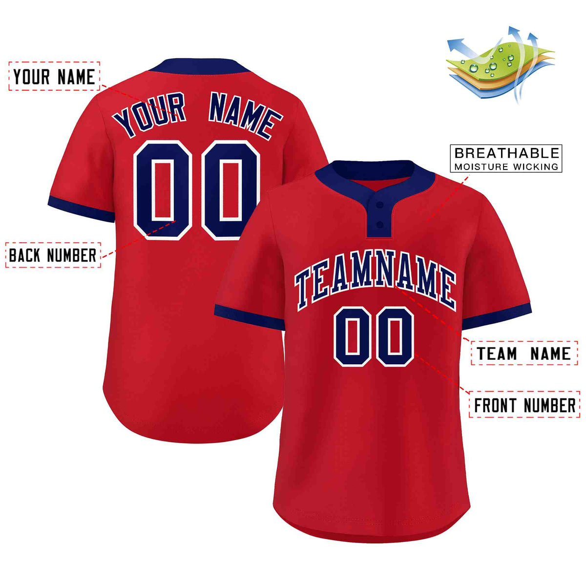 Custom Red Blue-White Classic Style Authentic Two-Button Softball Jersey