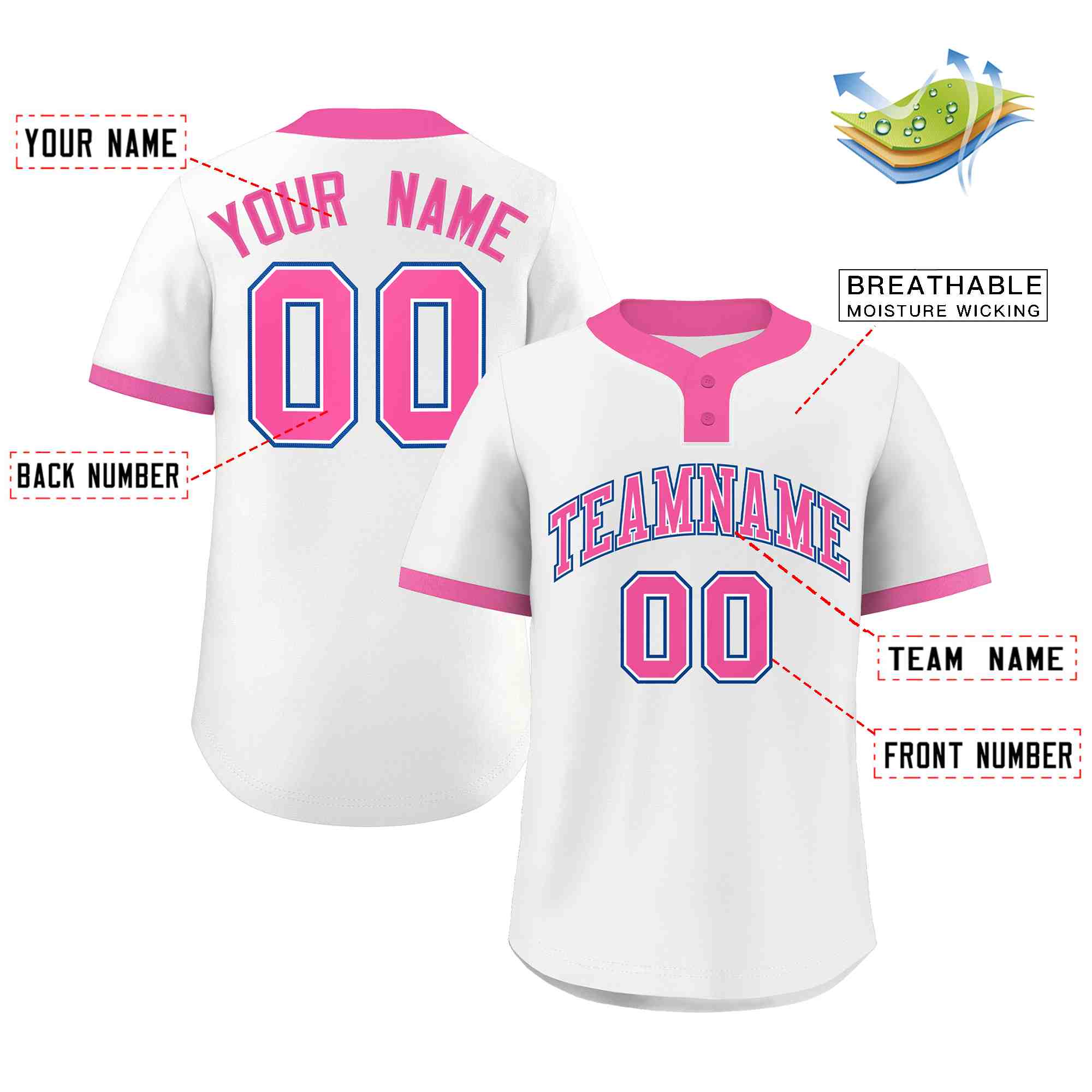Custom White Pink-Royal Classic Style Authentic Two-Button Softball Jersey