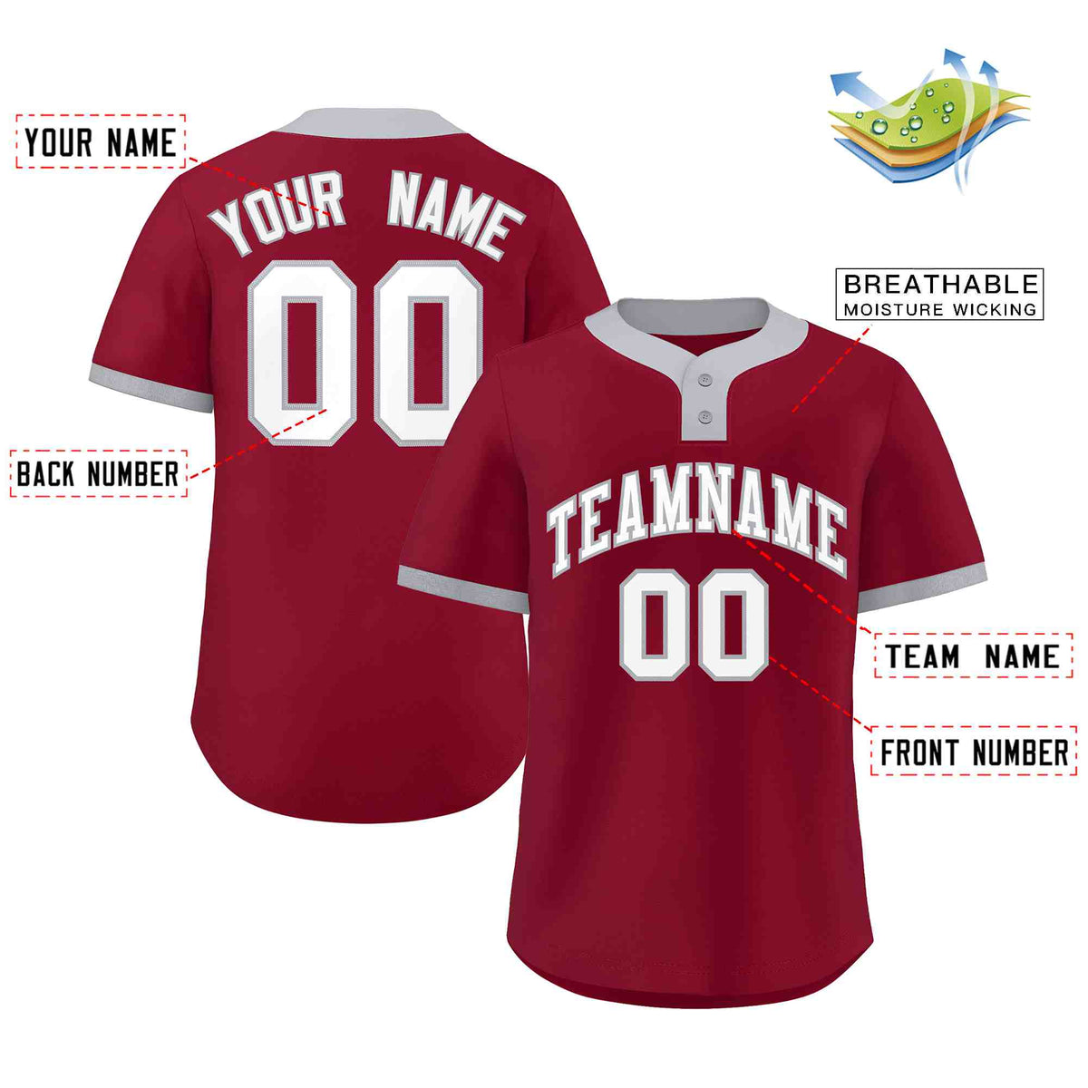 Custom Crimson White-Gray Classic Style Authentic Two-Button Softball Jersey