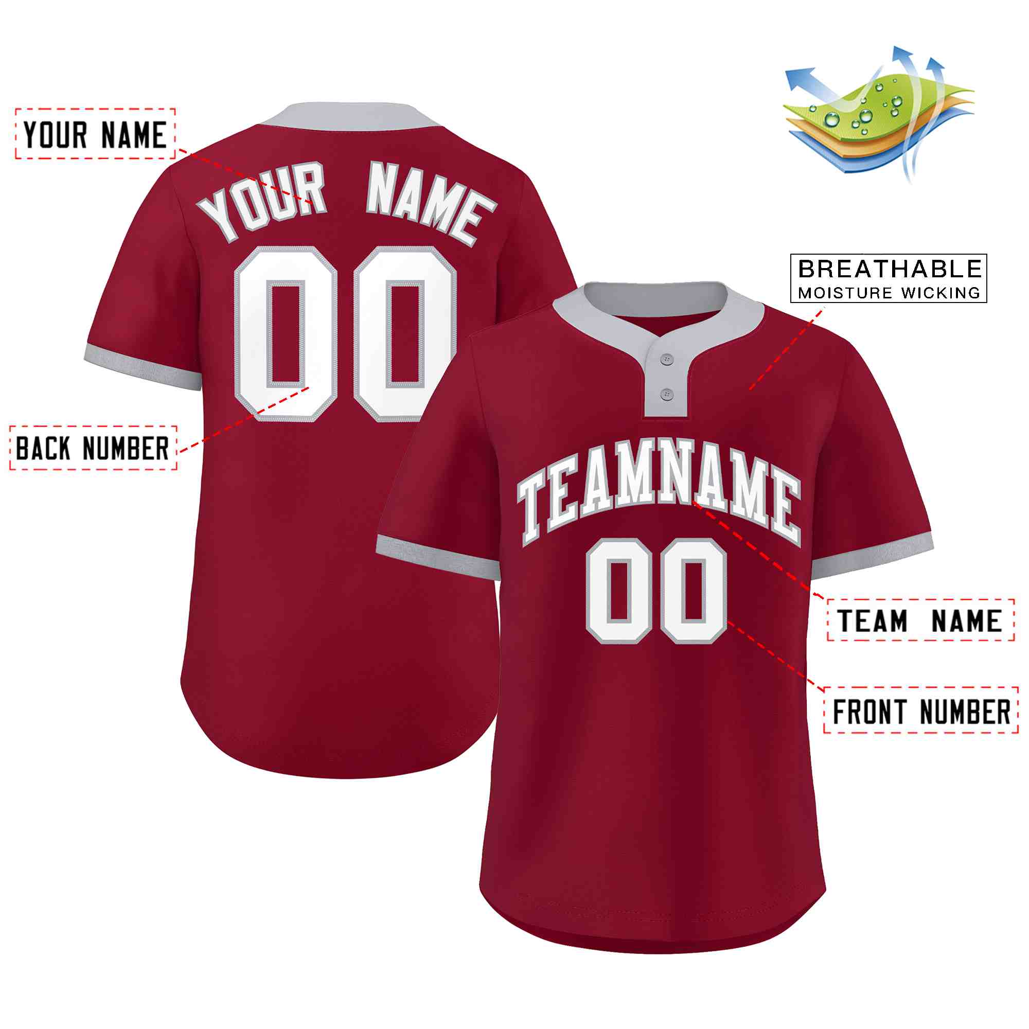 Custom Crimson White-Gray Classic Style Authentic Two-Button Softball Jersey