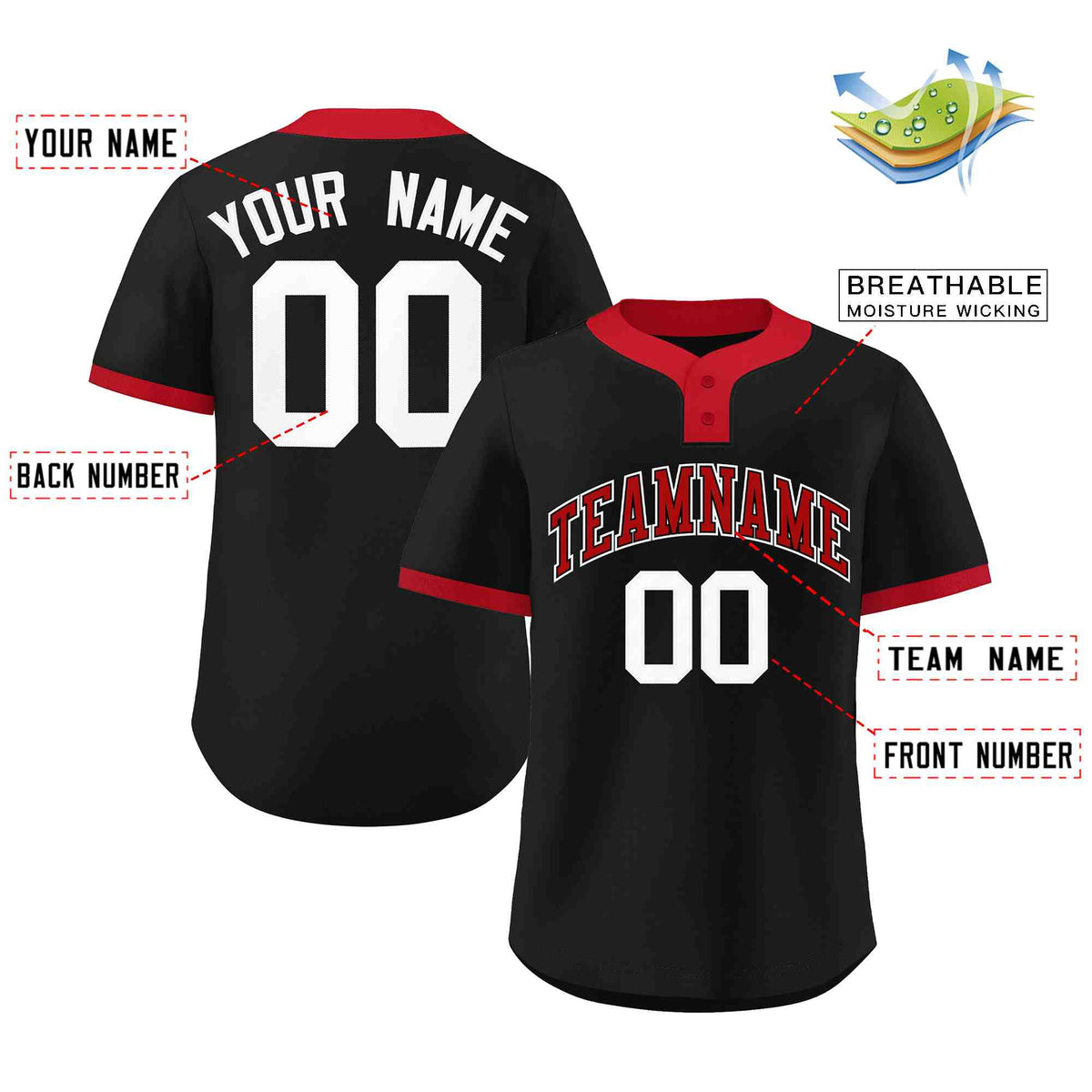 Custom Black Red-White Classic Style Authentic Two-Button Softball Jersey