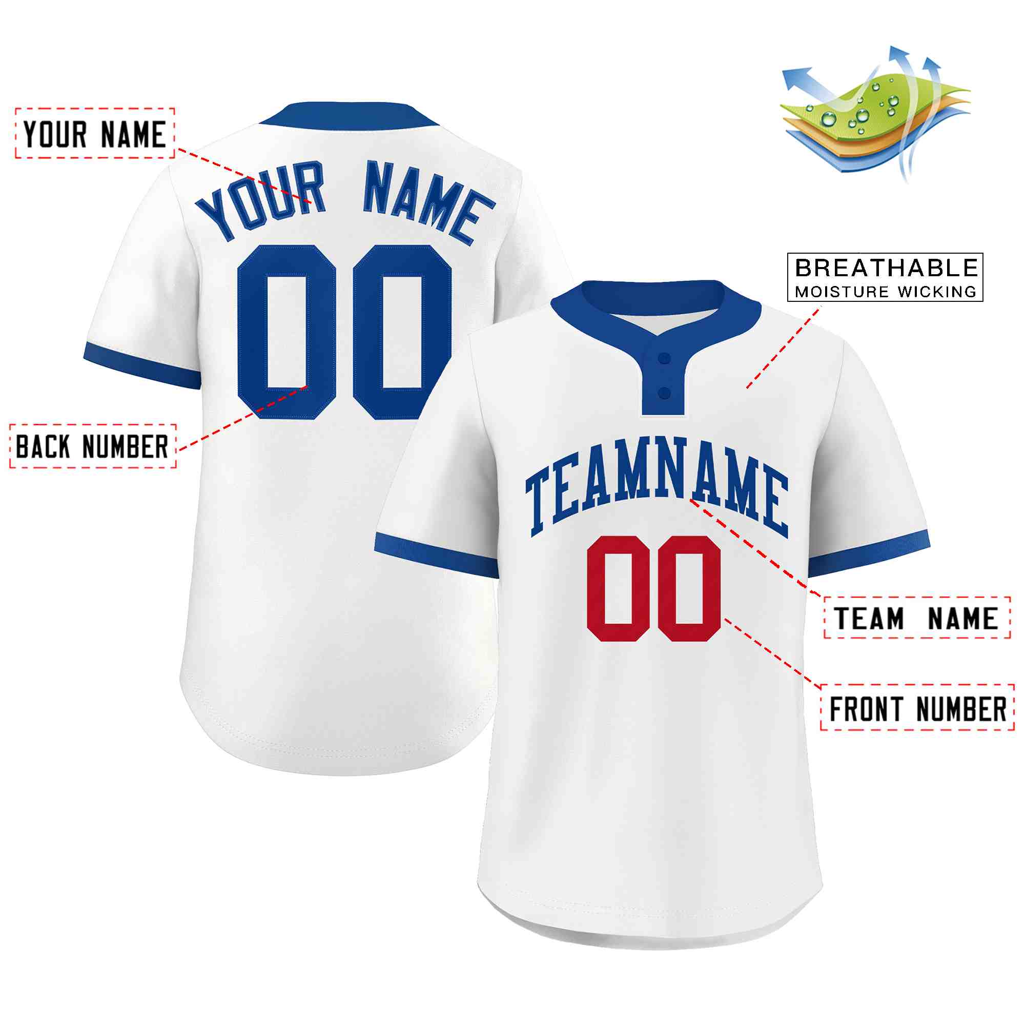Maillot de baseball authentique à deux boutons, style classique, blanc, royal et rouge, personnalisé