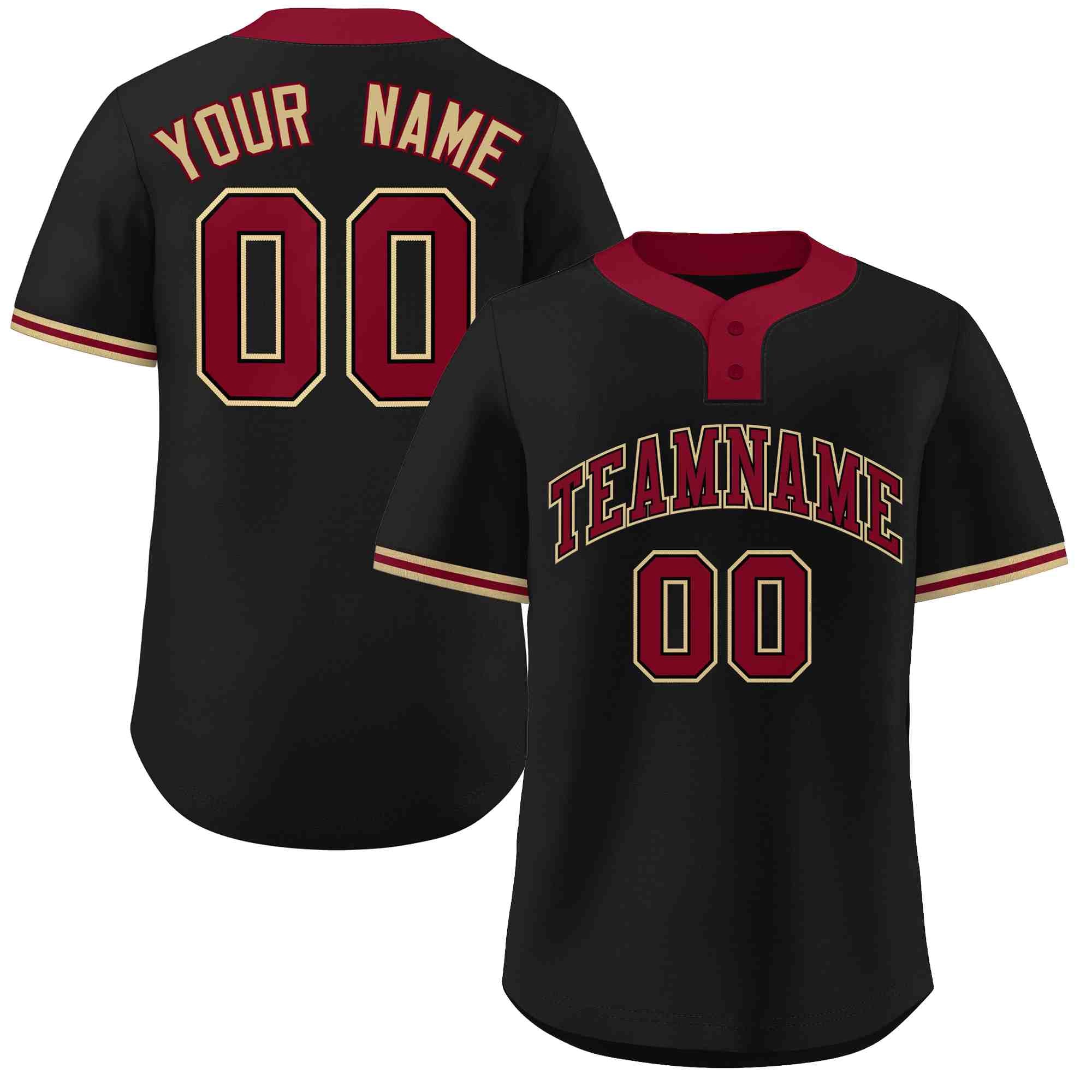 Maillot de baseball authentique à deux boutons, style classique, noir cramoisi et vieil or