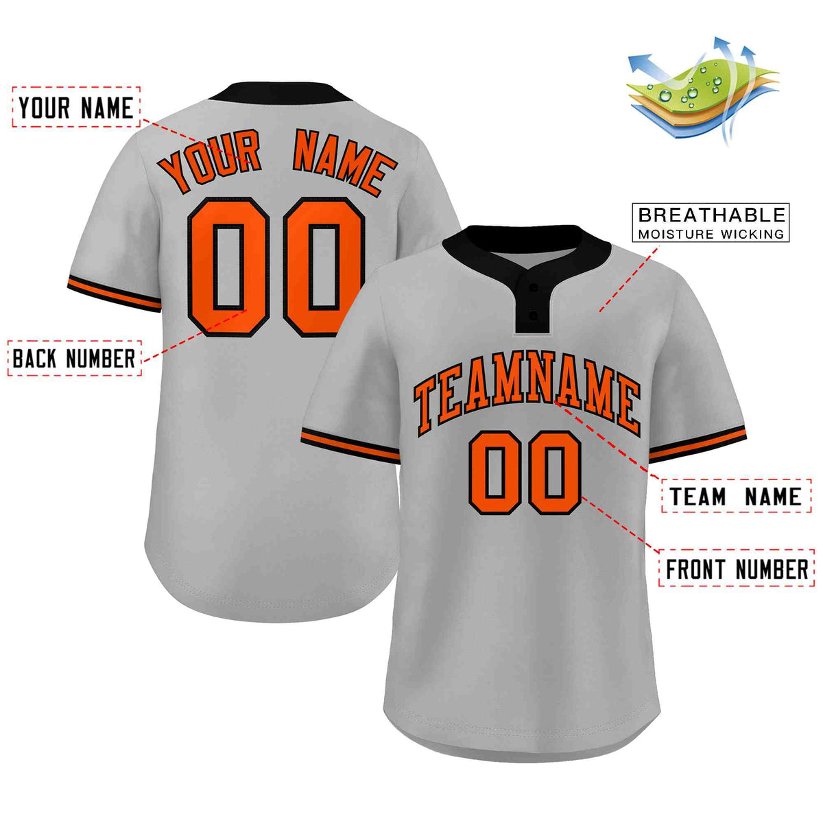 Custom Gray Orange-Black Classic Style Authentic Two-Button Softball Jersey