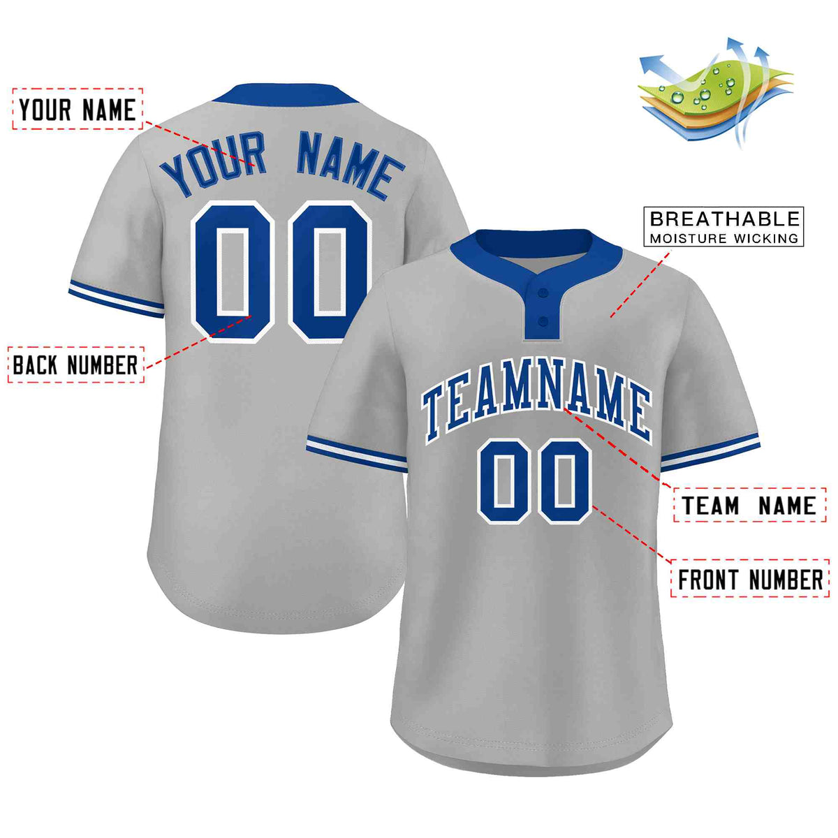 Custom Gray Royal-White Classic Style Authentic Two-Button Softball Jersey