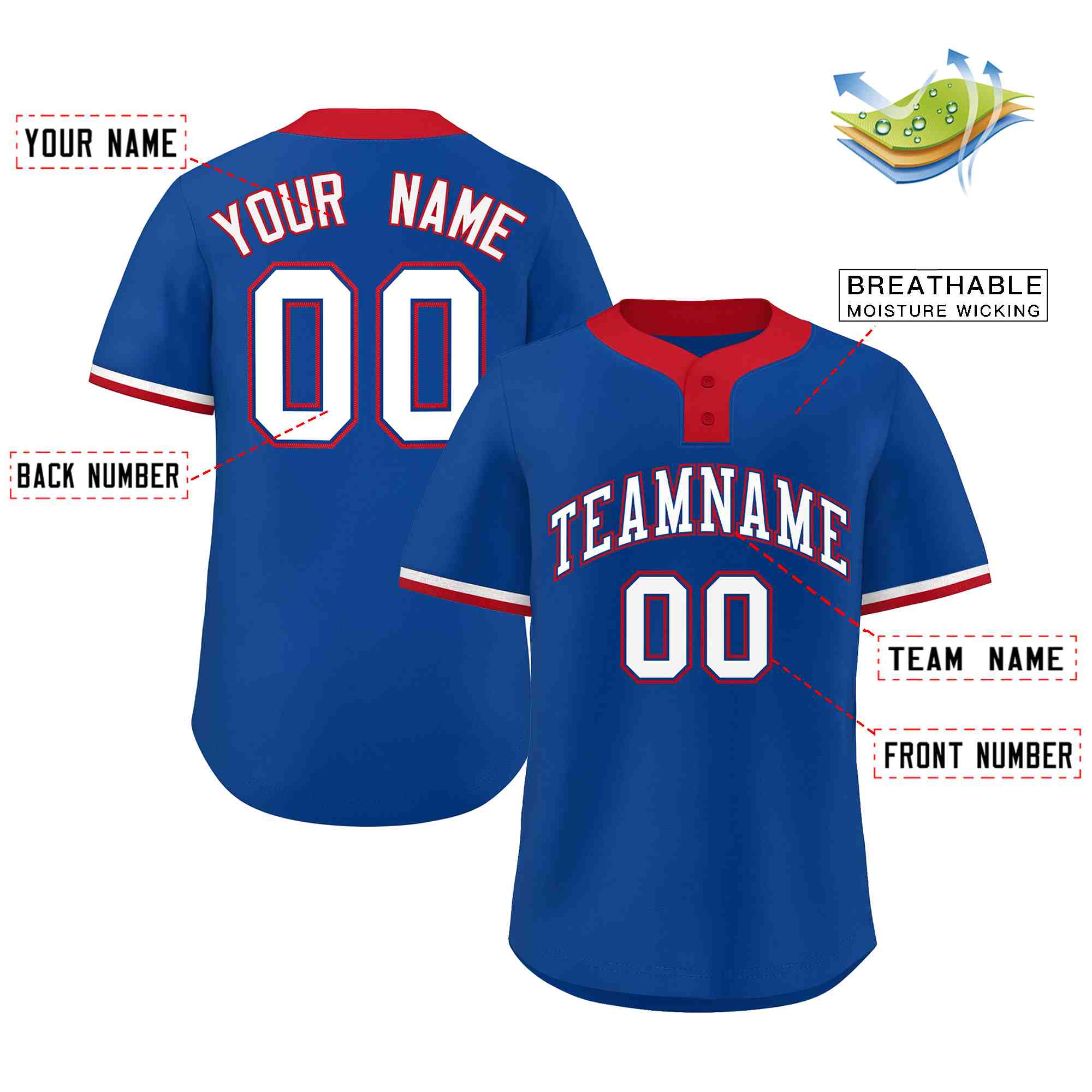 Custom Royal White-Red Classic Style Authentic Two-Button Softball Jersey