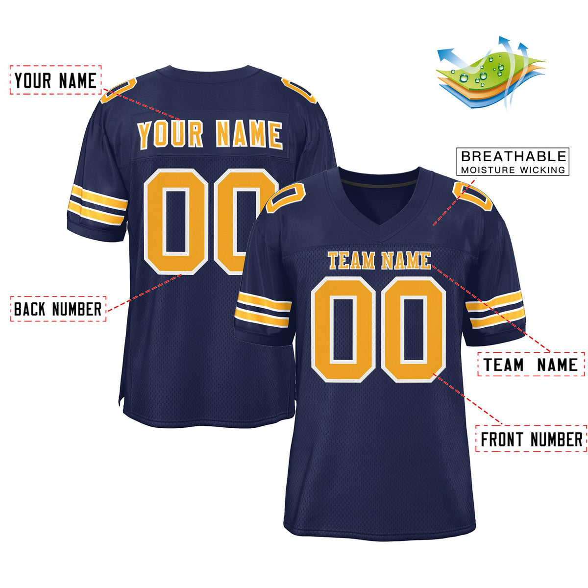 Custom Navy Gold-White Classic Style Mesh Authentic American Football Jersey| KXKSHOP
