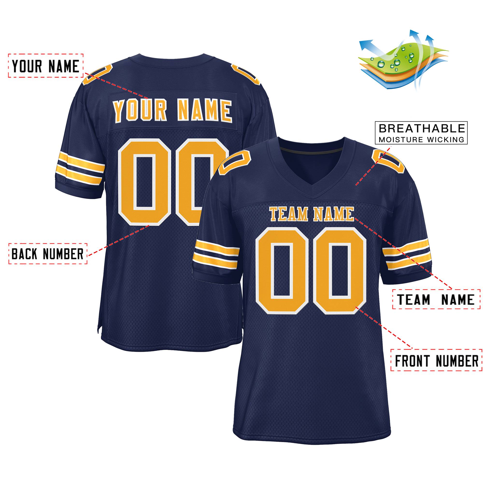 Custom Navy Gold-White Classic Style Mesh Authentic American Football Jersey| KXKSHOP