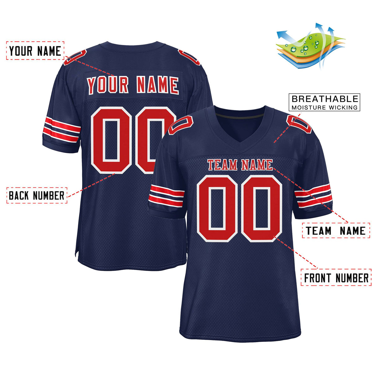 Custom Navy Red-White Classic Style Mesh Authentic American Football Jersey| KXKSHOP