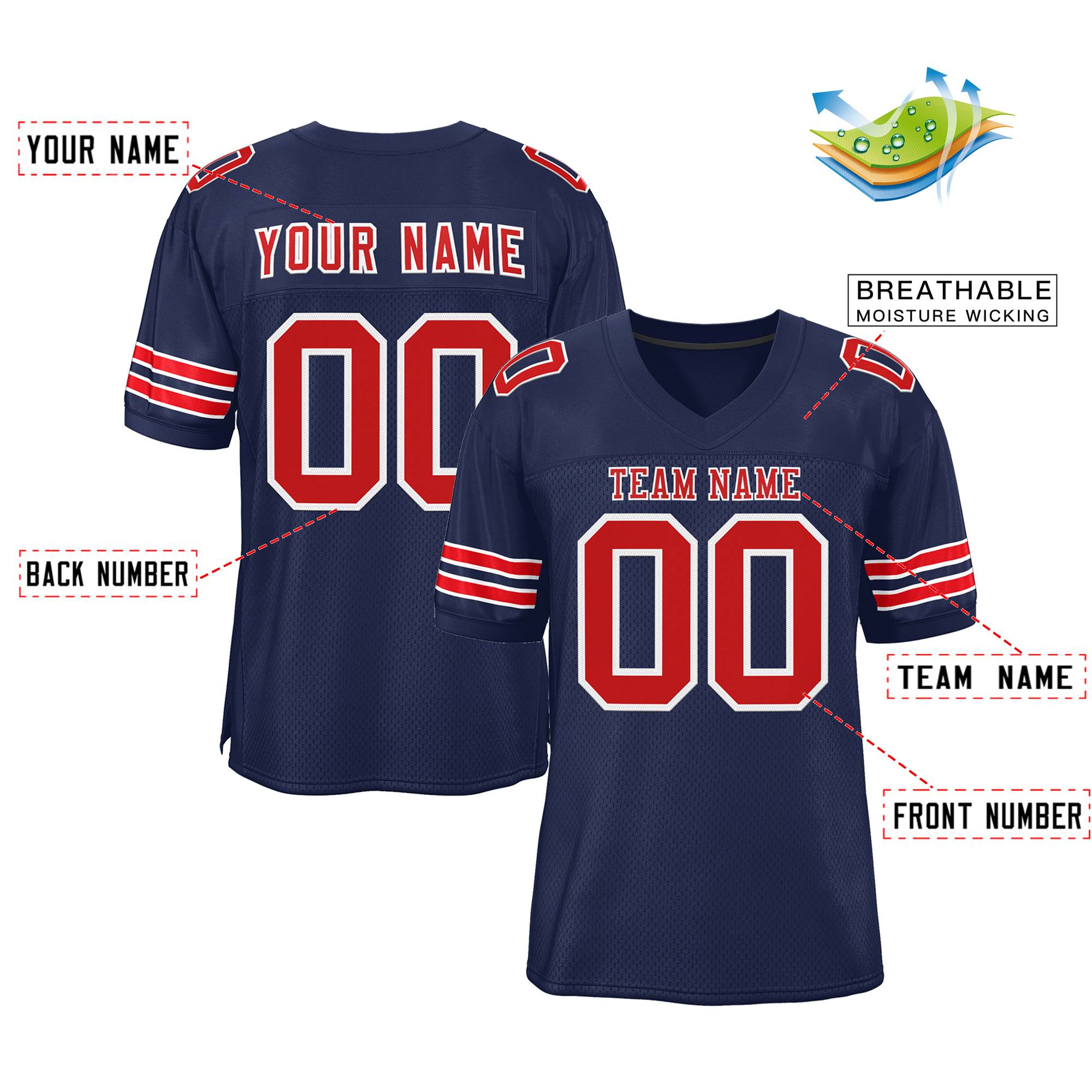 Custom Navy Red-White Classic Style Mesh Authentic American Football Jersey| KXKSHOP