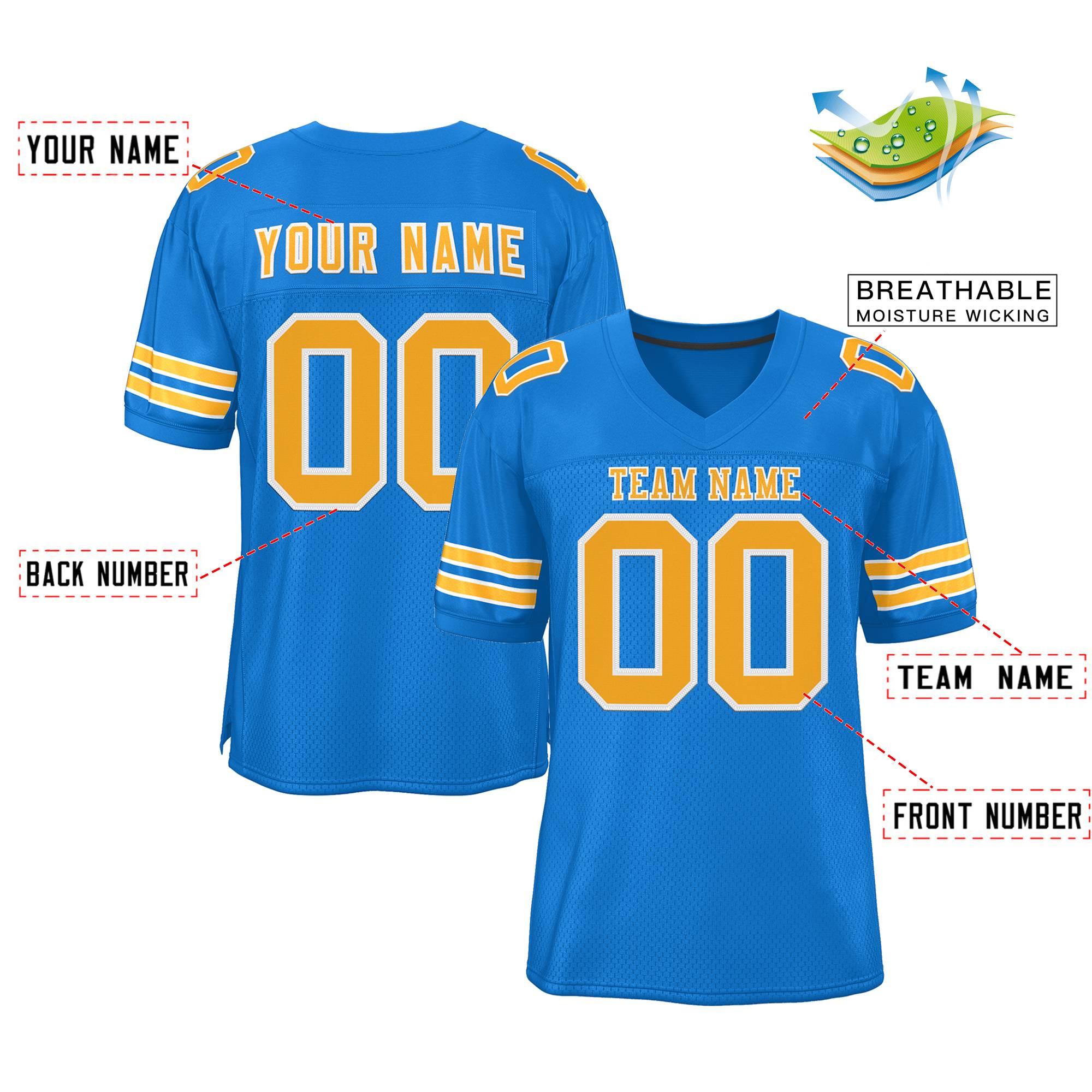 Custom Powder Blue Gold-White Classic Style Mesh Authentic American Football Jersey| KXKSHOP