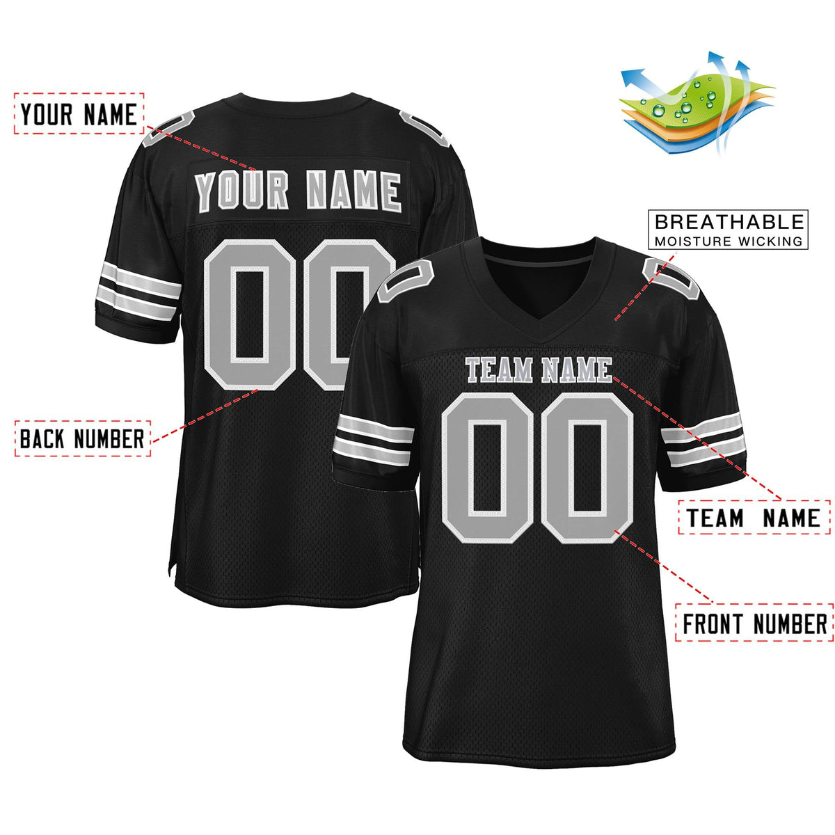 Custom Black Gray-White Classic Style Mesh Authentic American Football Jersey| KXKSHOP