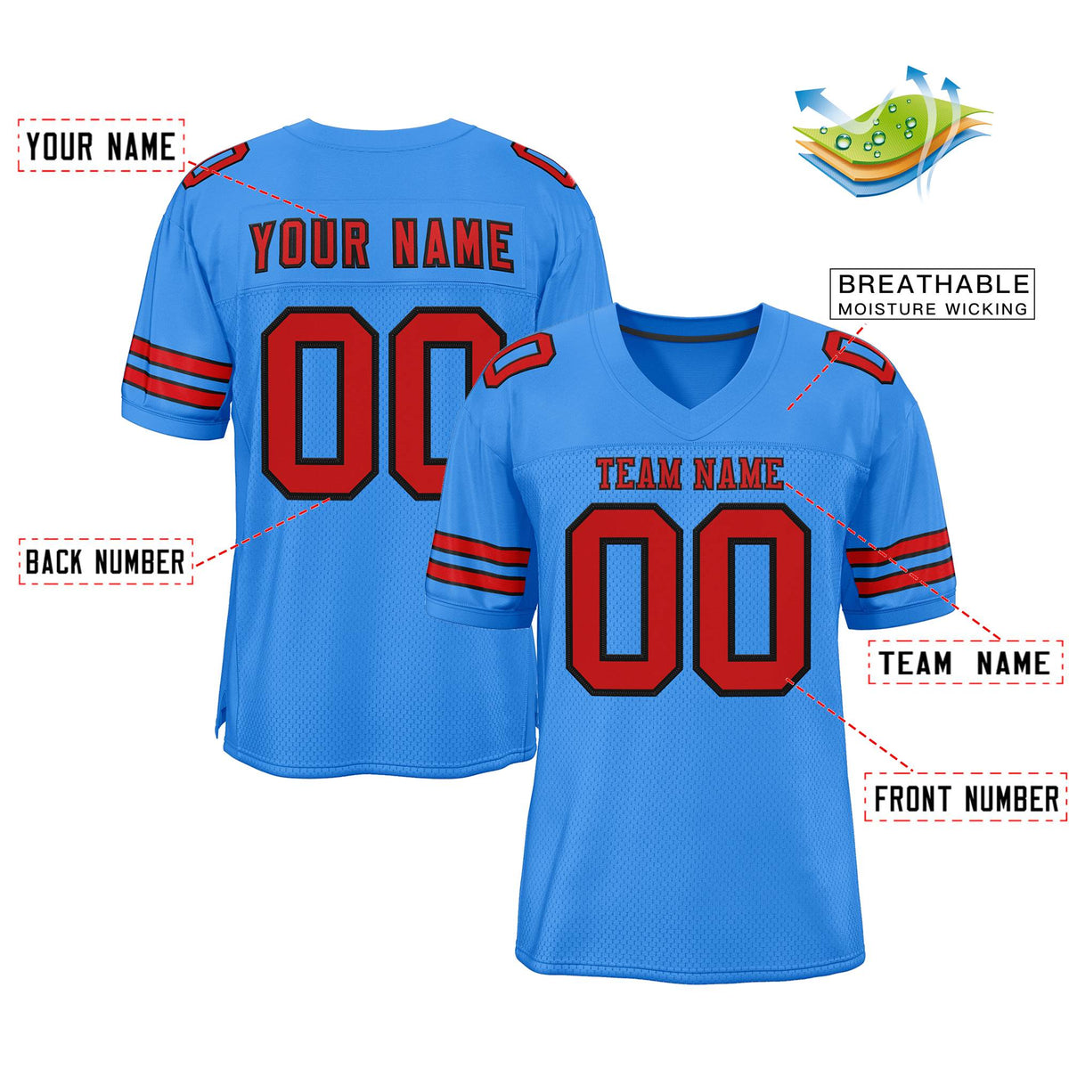 Custom Powder Blue Red-Black Classic Style Mesh Authentic American Football Jersey| KXKSHOP
