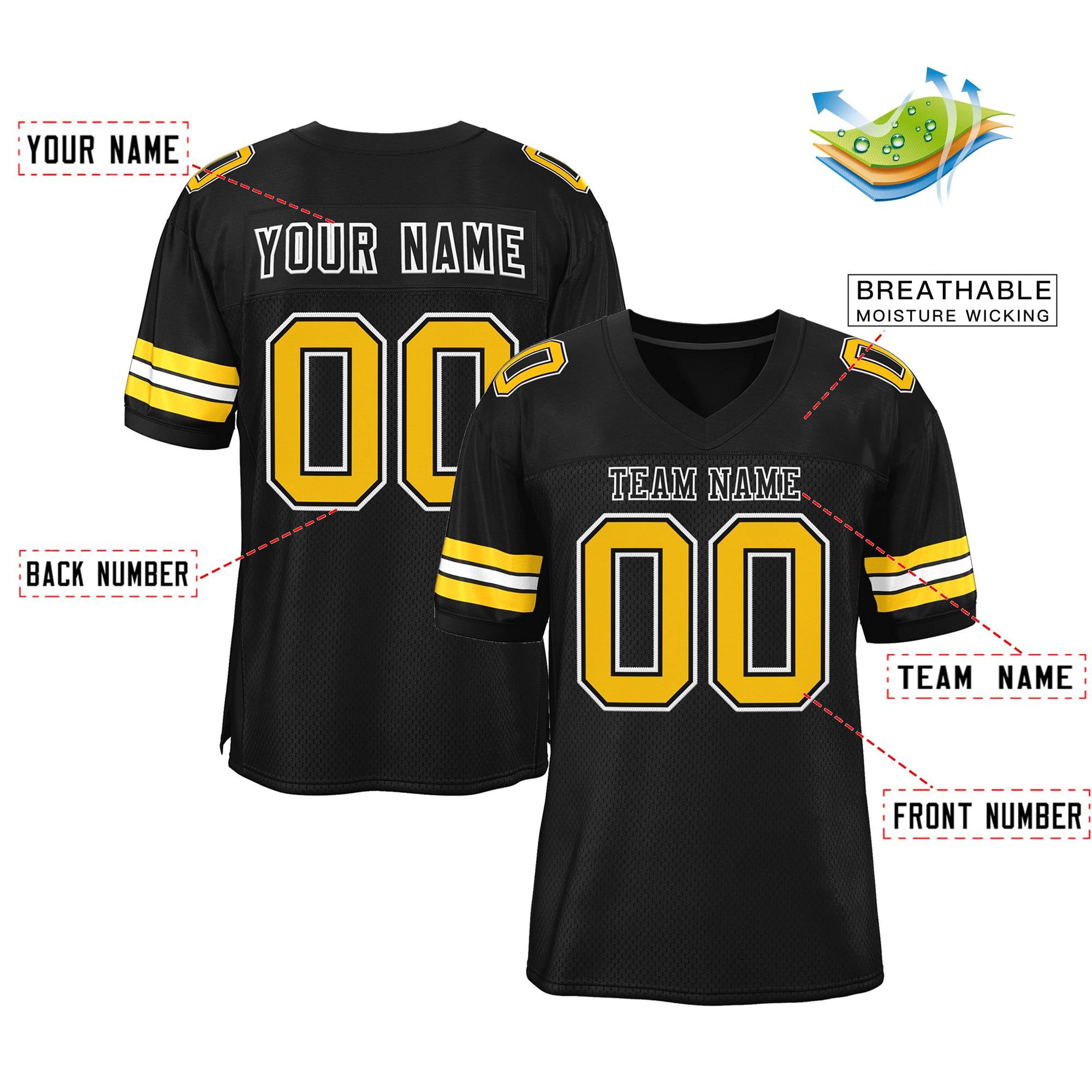 Custom Black Gold-White Classic Style Mesh Authentic American Football Jersey| KXKSHOP