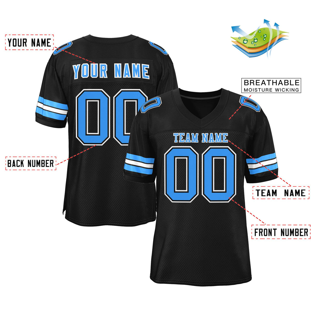 Custom Black Powder Blue-White Classic Style Mesh Authentic American Football Jersey| KXKSHOP