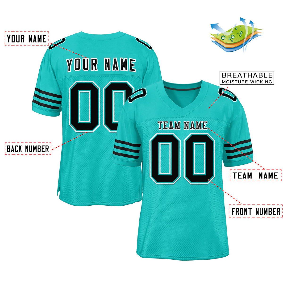 Custom Aqua Black-White Classic Style Mesh Authentic American Football Jersey| KXKSHOP