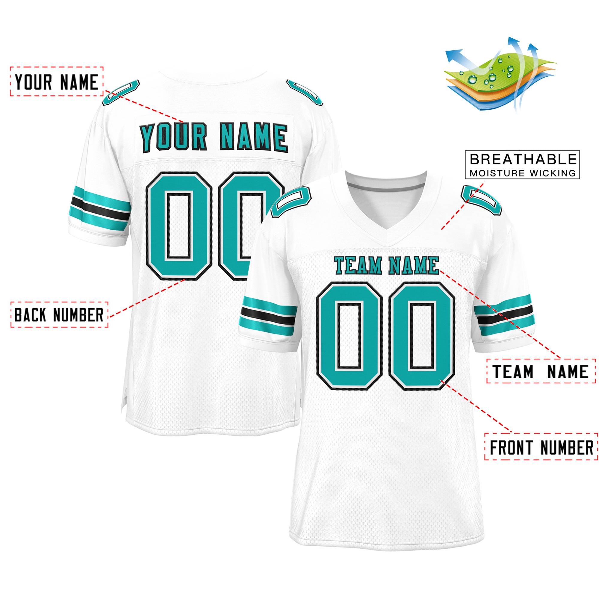 Custom White Aqua-Black Classic Style Mesh Authentic American Football Jersey| KXKSHOP