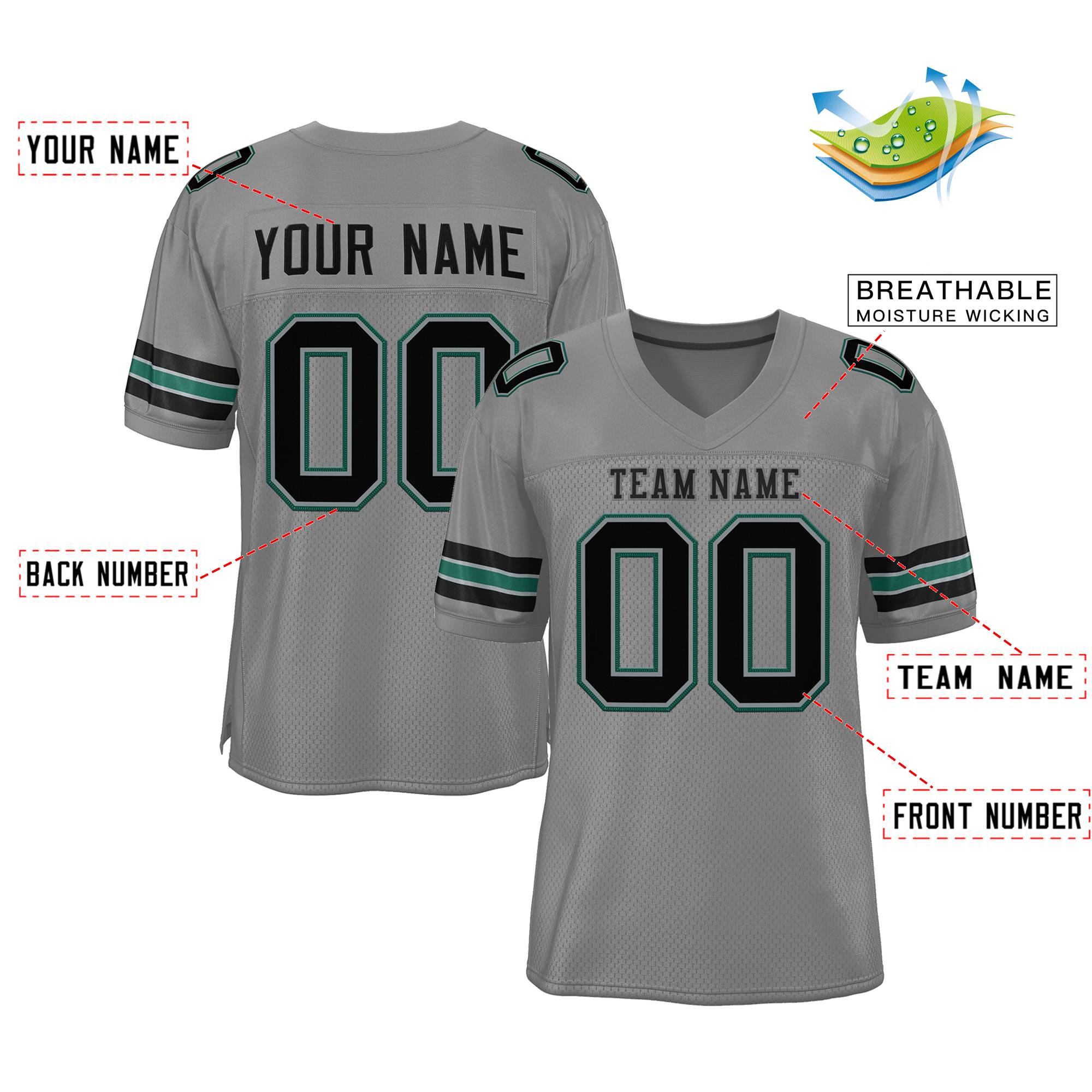 Custom Gray Black-Aqua Classic Style Mesh Authentic American Football Jersey| KXKSHOP