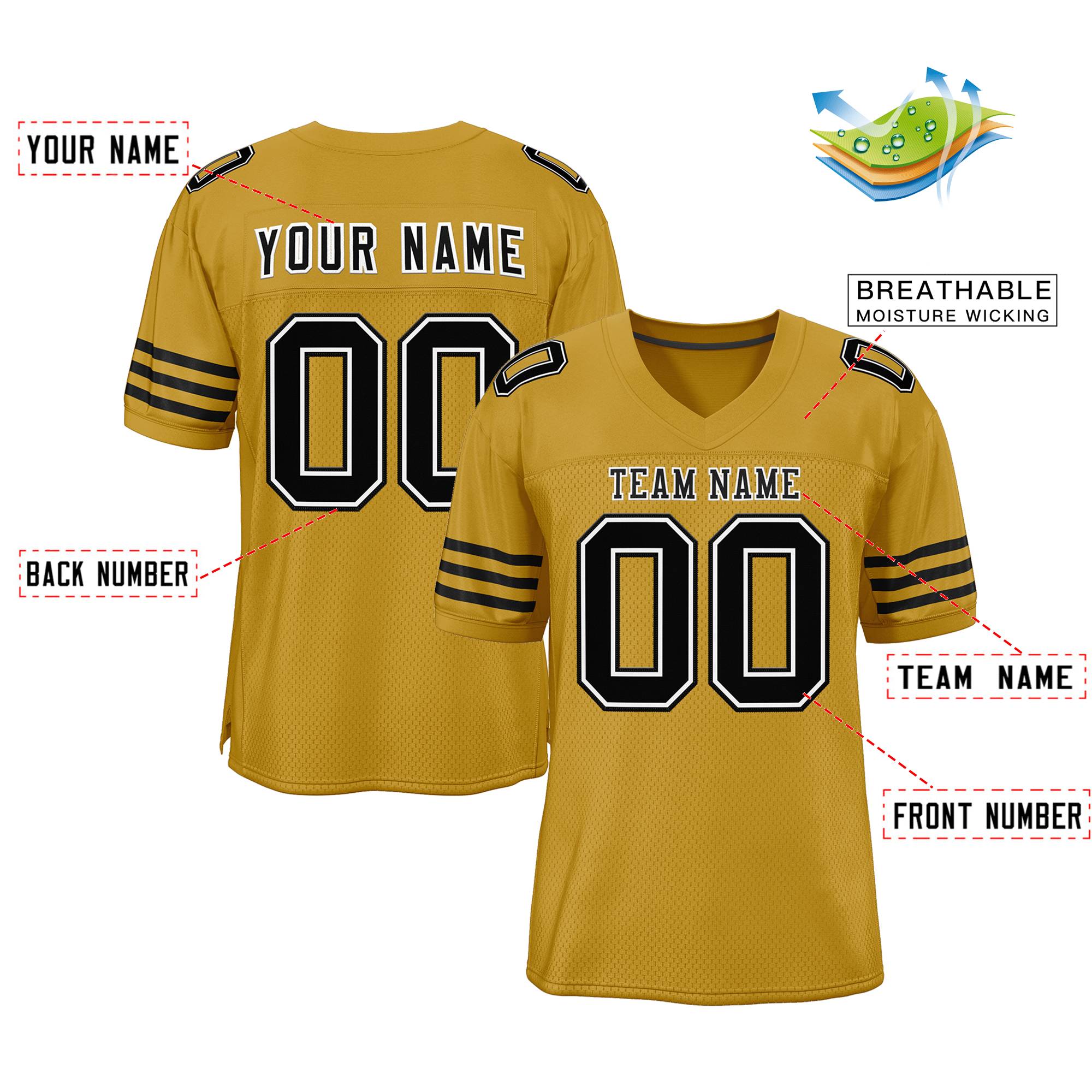 Custom Old Gold Black-Black Classic Style Mesh Authentic American Football Jersey| KXKSHOP