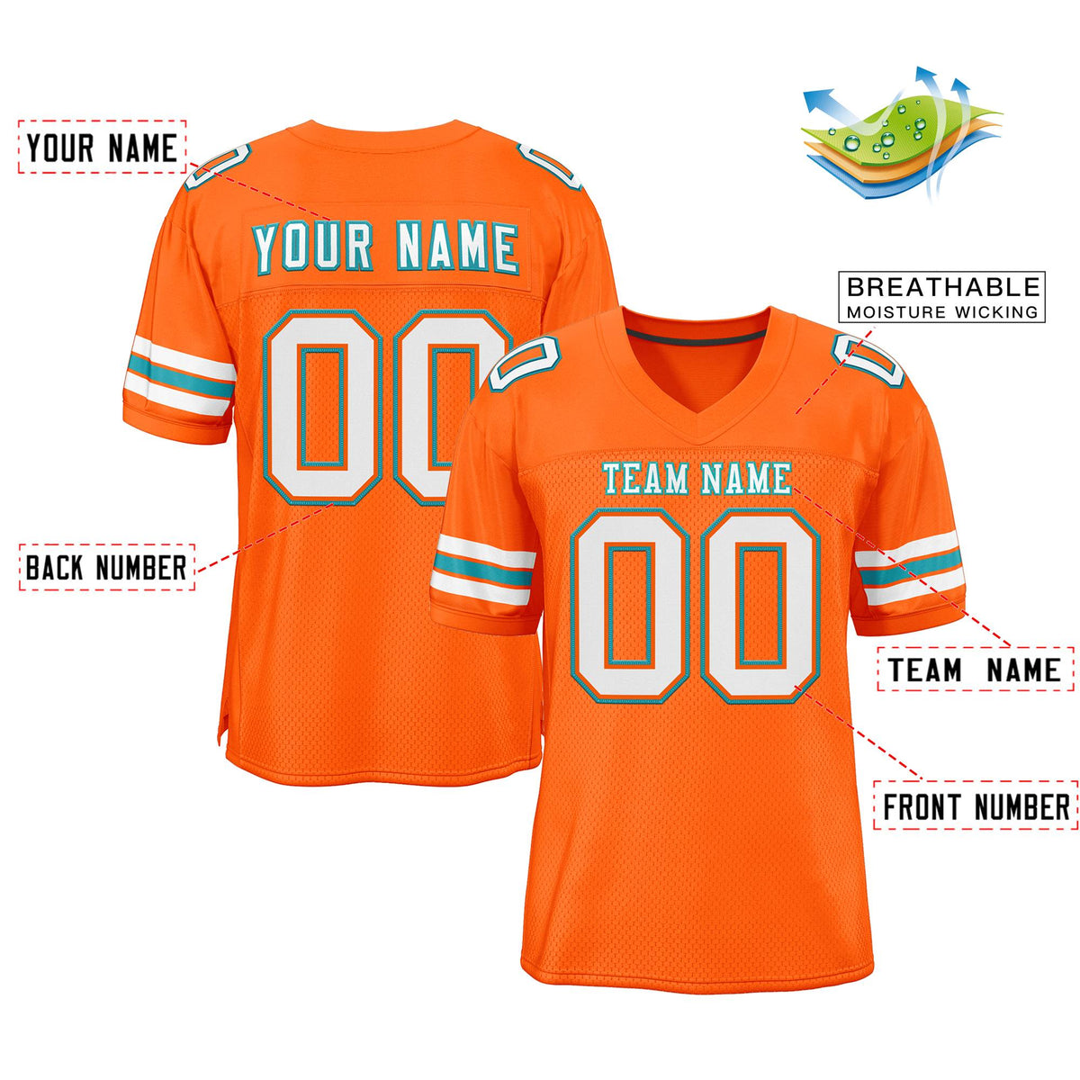 Custom Orange White-Aqua Classic Style Mesh Authentic American Football Jersey| KXKSHOP
