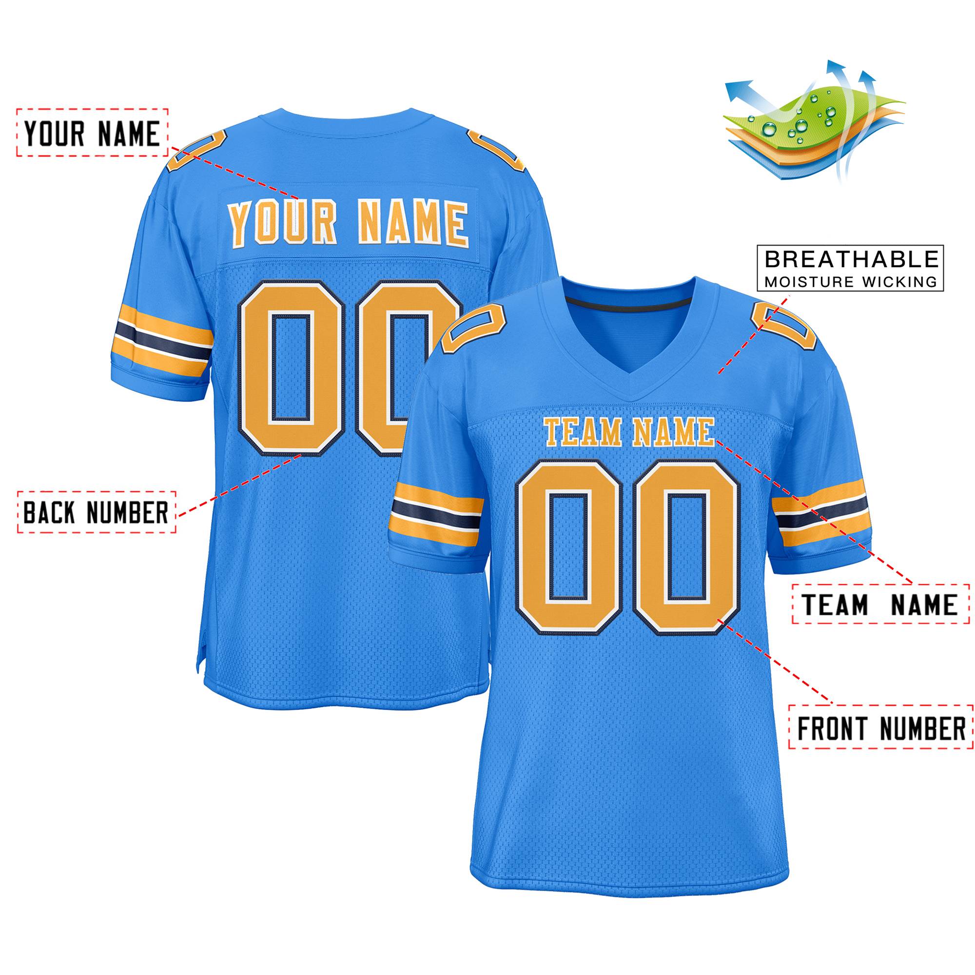 Custom Powder Blue Gold-Navy Classic Style Mesh Authentic American Football Jersey| KXKSHOP