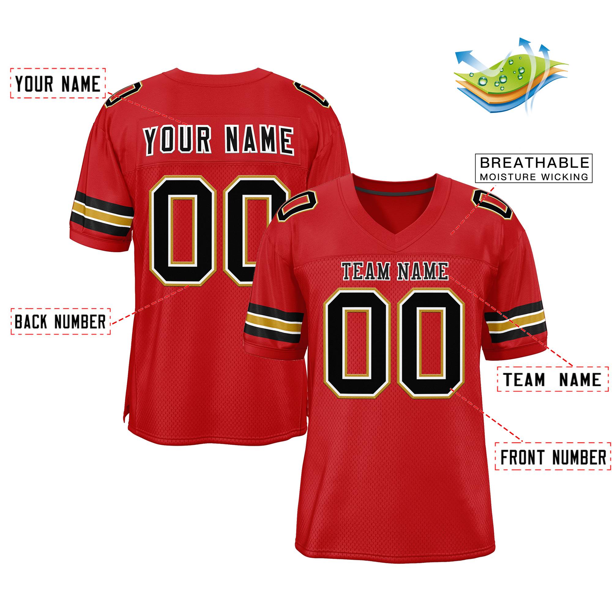 Custom Red Black-Old Gold Classic Style Mesh Authentic American Football Jersey| KXKSHOP