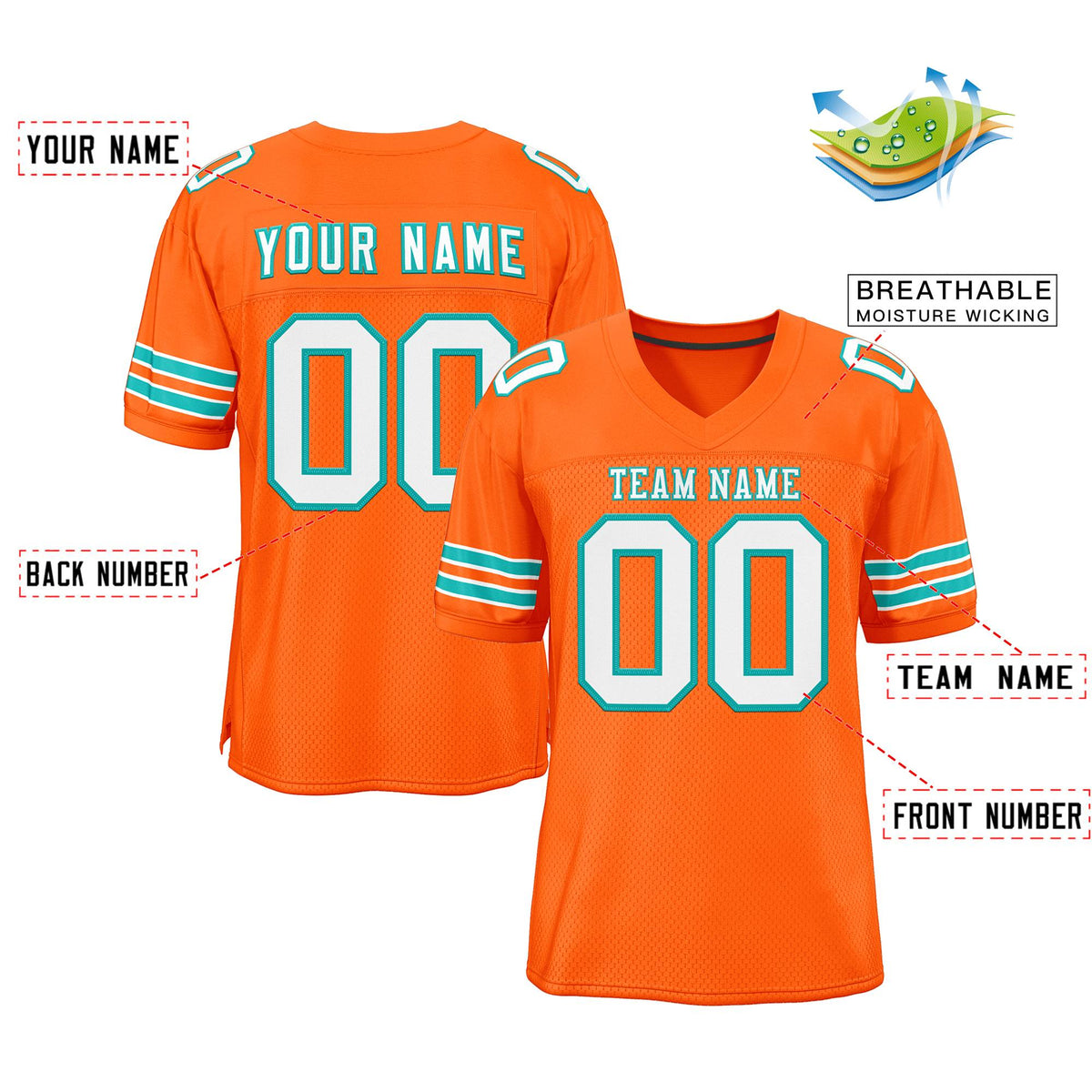 Custom Orange White-Aqua Classic Style Mesh Authentic American Football Jersey| KXKSHOP