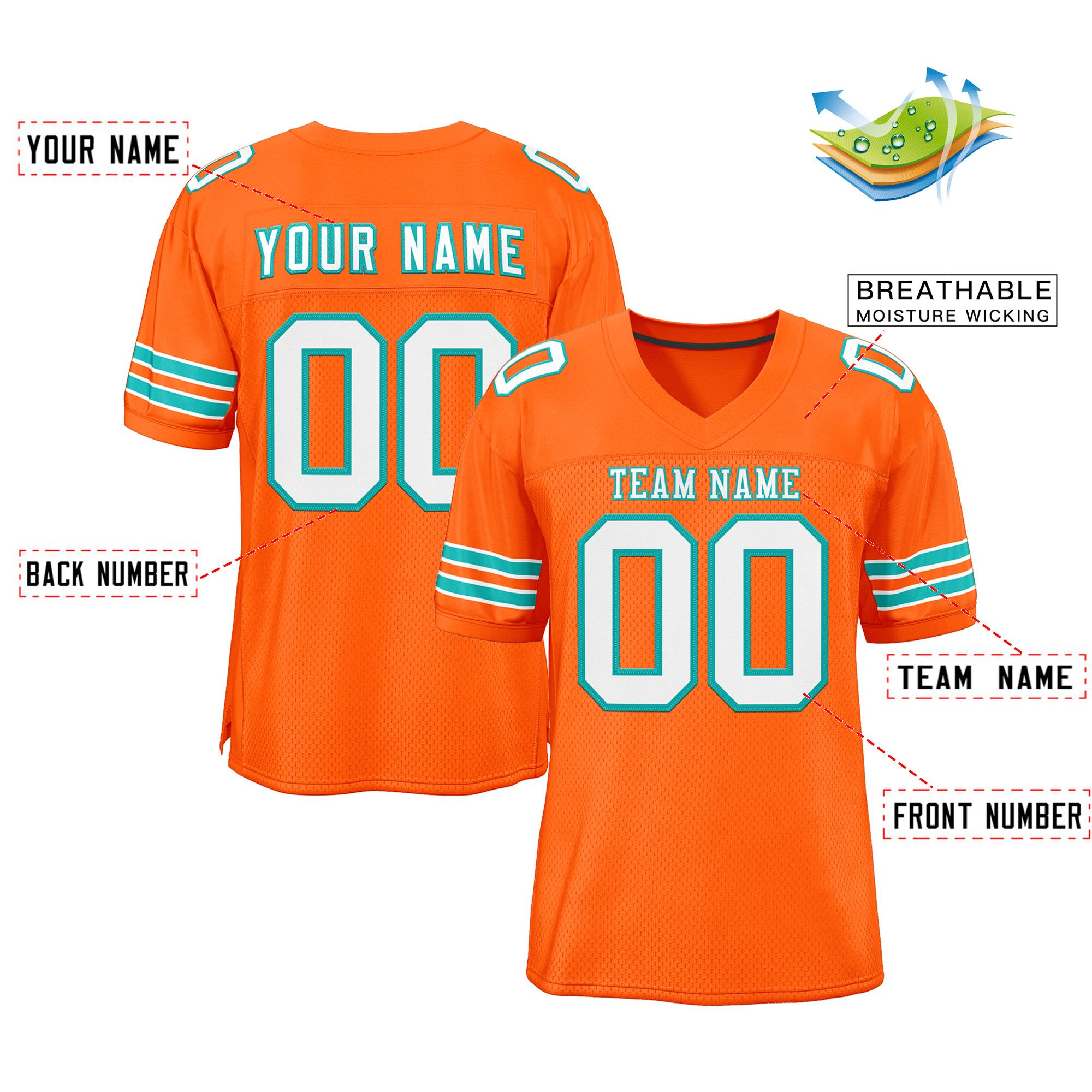 Custom Orange White-Aqua Classic Style Mesh Authentic American Football Jersey| KXKSHOP