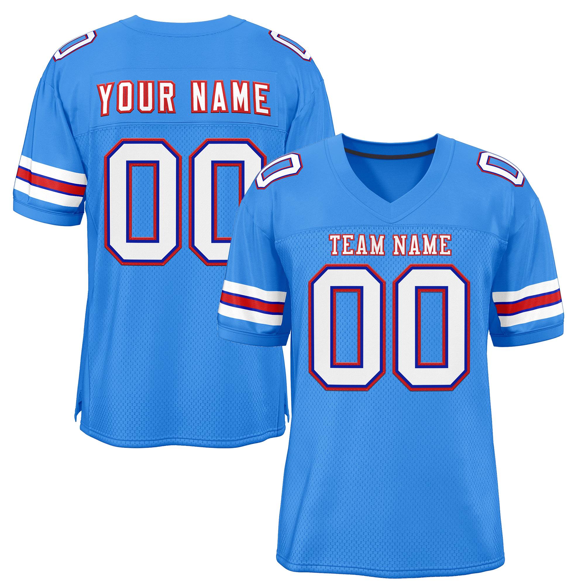 Custom Powder Blue White-Red Classic Style Mesh Authentic American Football Jersey| KXKSHOP