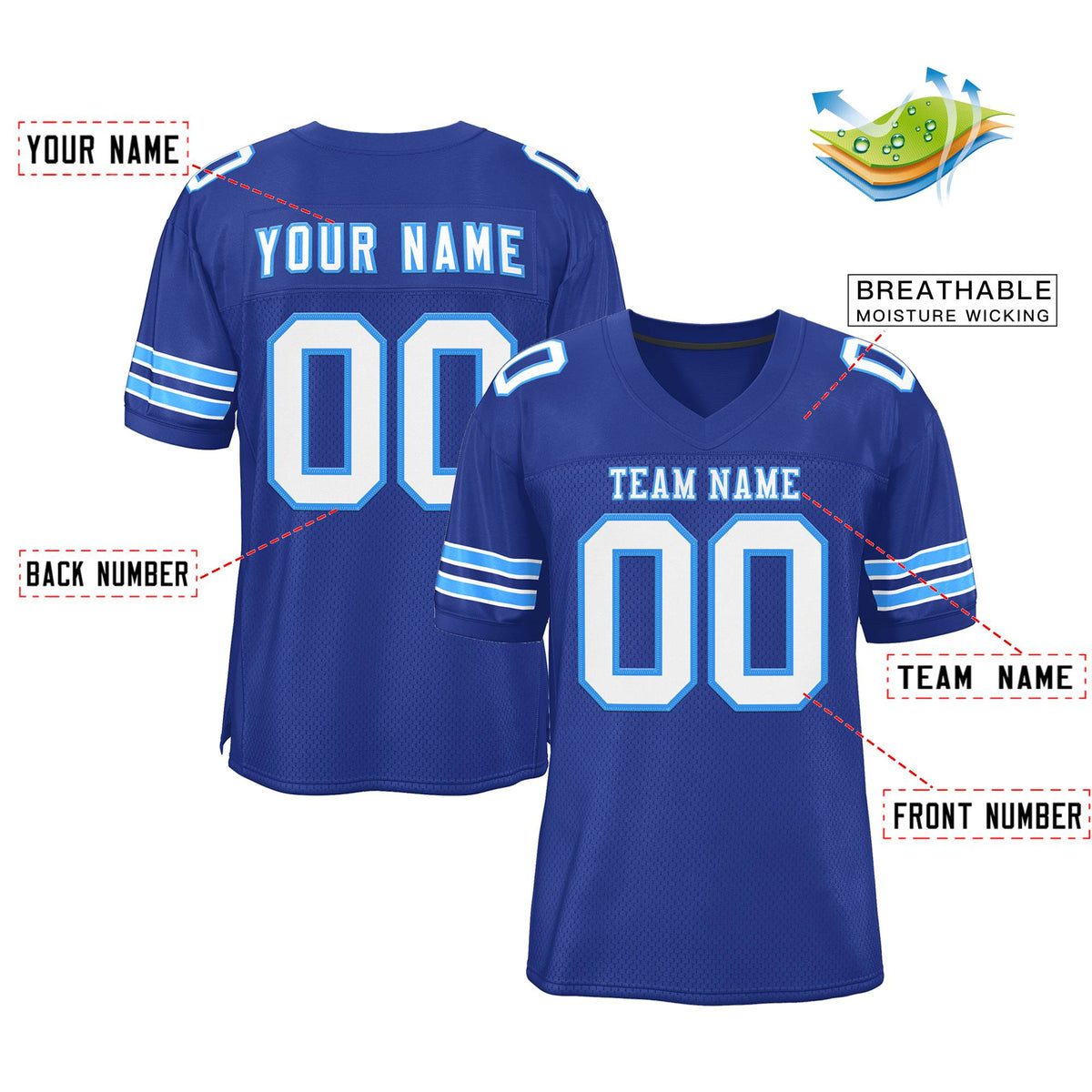 Custom Royal White-Powder Blue Classic Style Mesh Authentic American Football Jersey| KXKSHOP