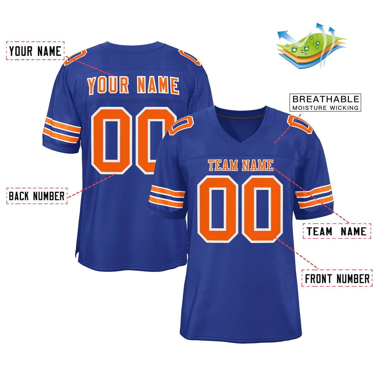 Custom Royal Orange-White Classic Style Mesh Authentic American Football Jersey| KXKSHOP