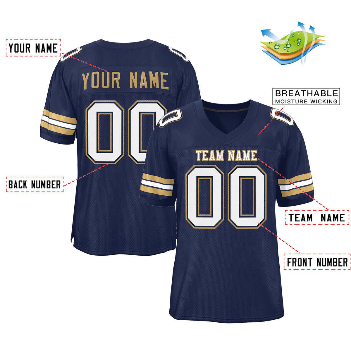 Custom Navy Blue White-Old Gold Classic Style Mesh Authentic American Football Jersey| KXKSHOP